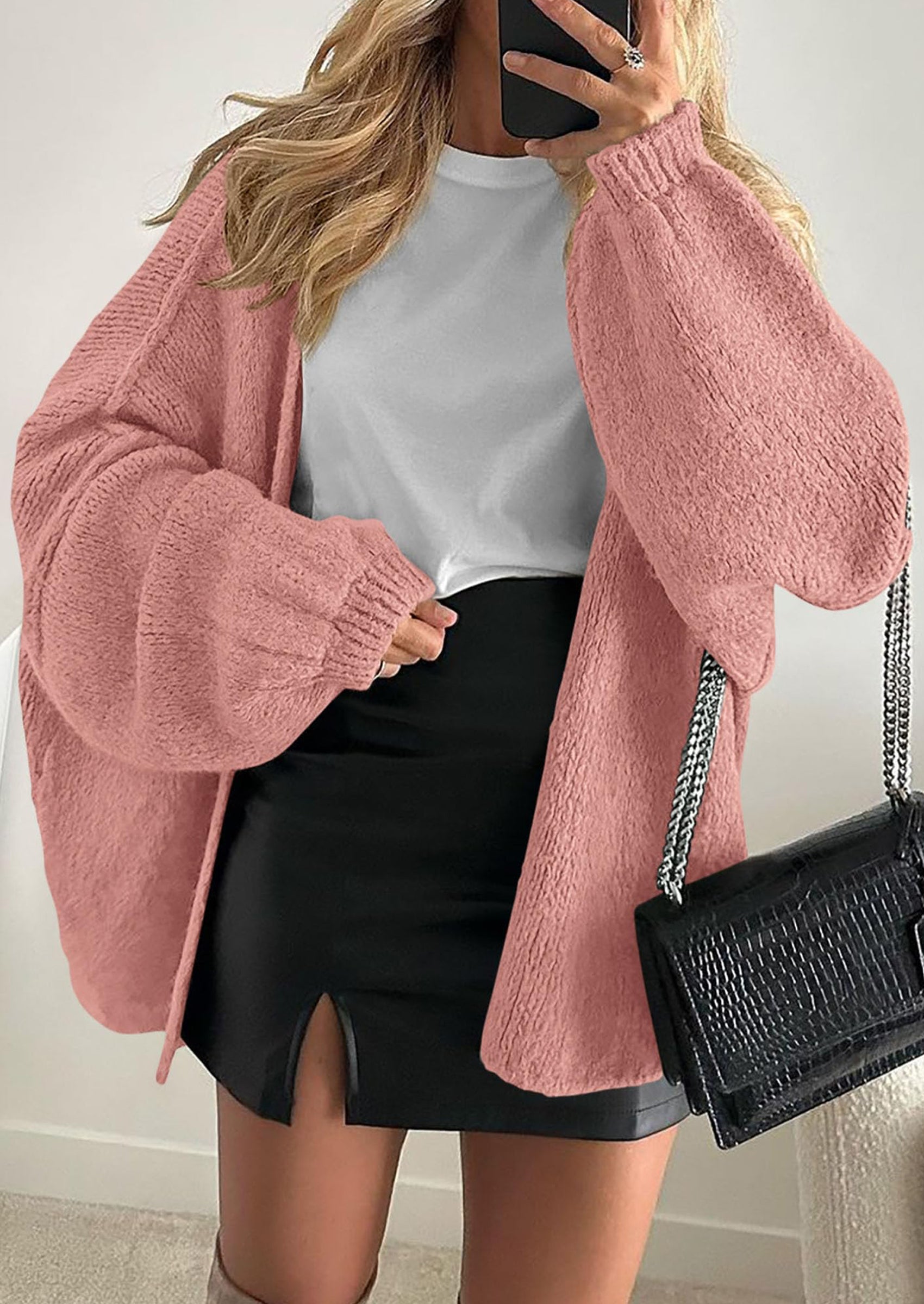 Women's Oversized Open-Front Knit Cardigan – Cozy Lantern Sleeve Sweater
