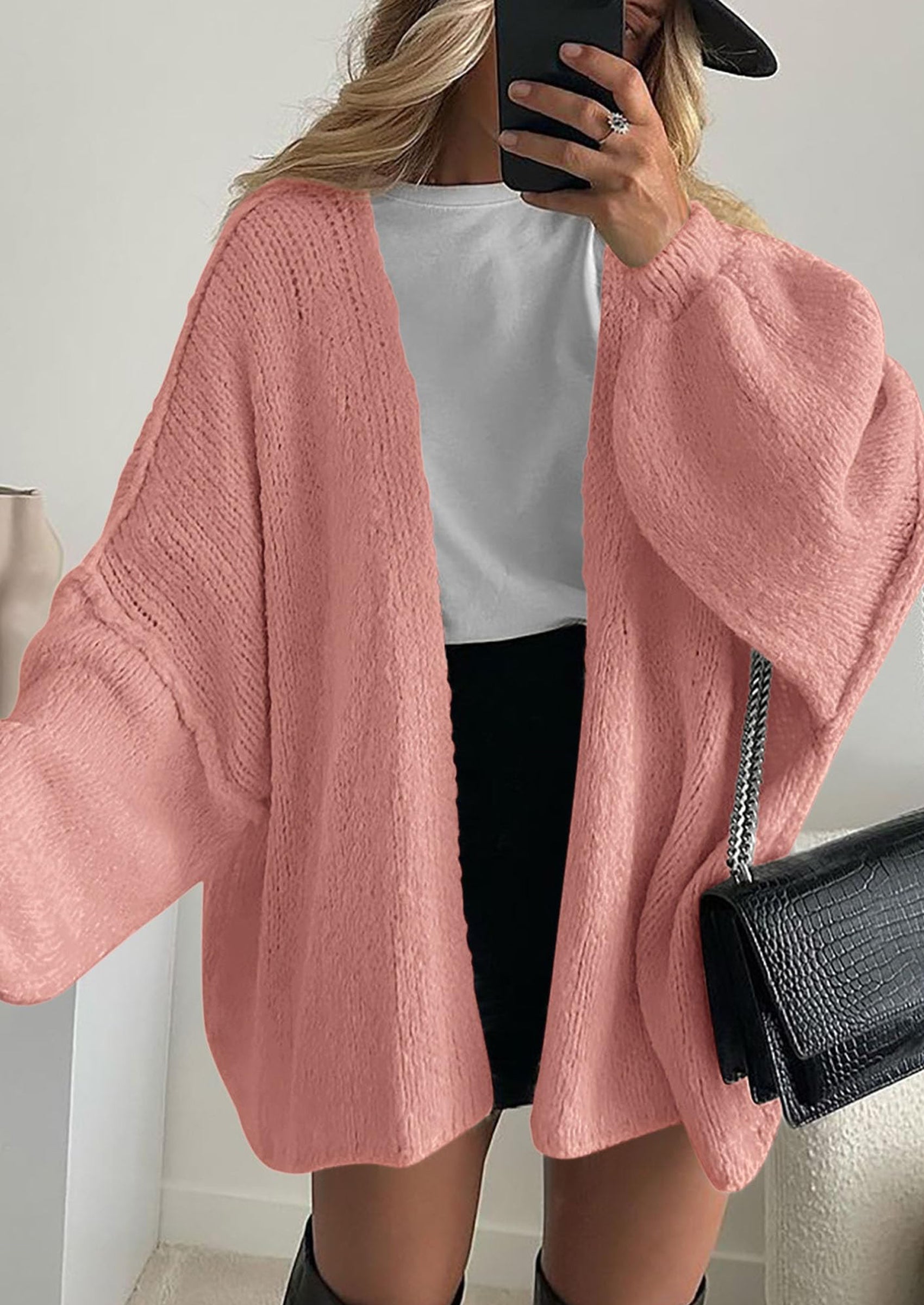 Women's Oversized Open-Front Knit Cardigan – Cozy Lantern Sleeve Sweater