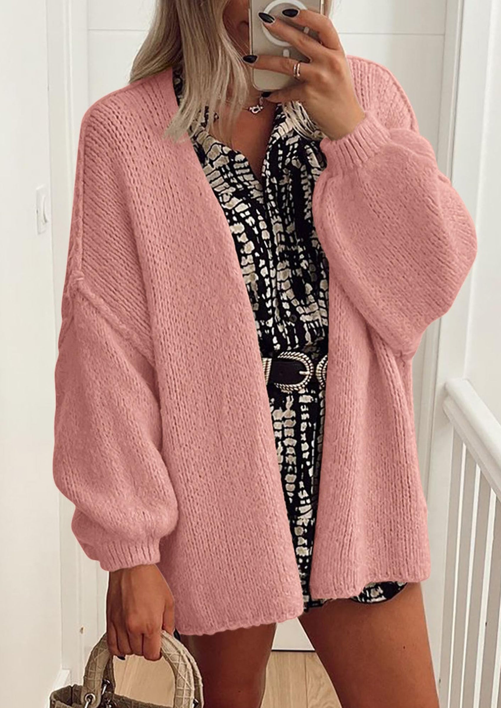Women's Oversized Open-Front Knit Cardigan – Cozy Lantern Sleeve Sweater