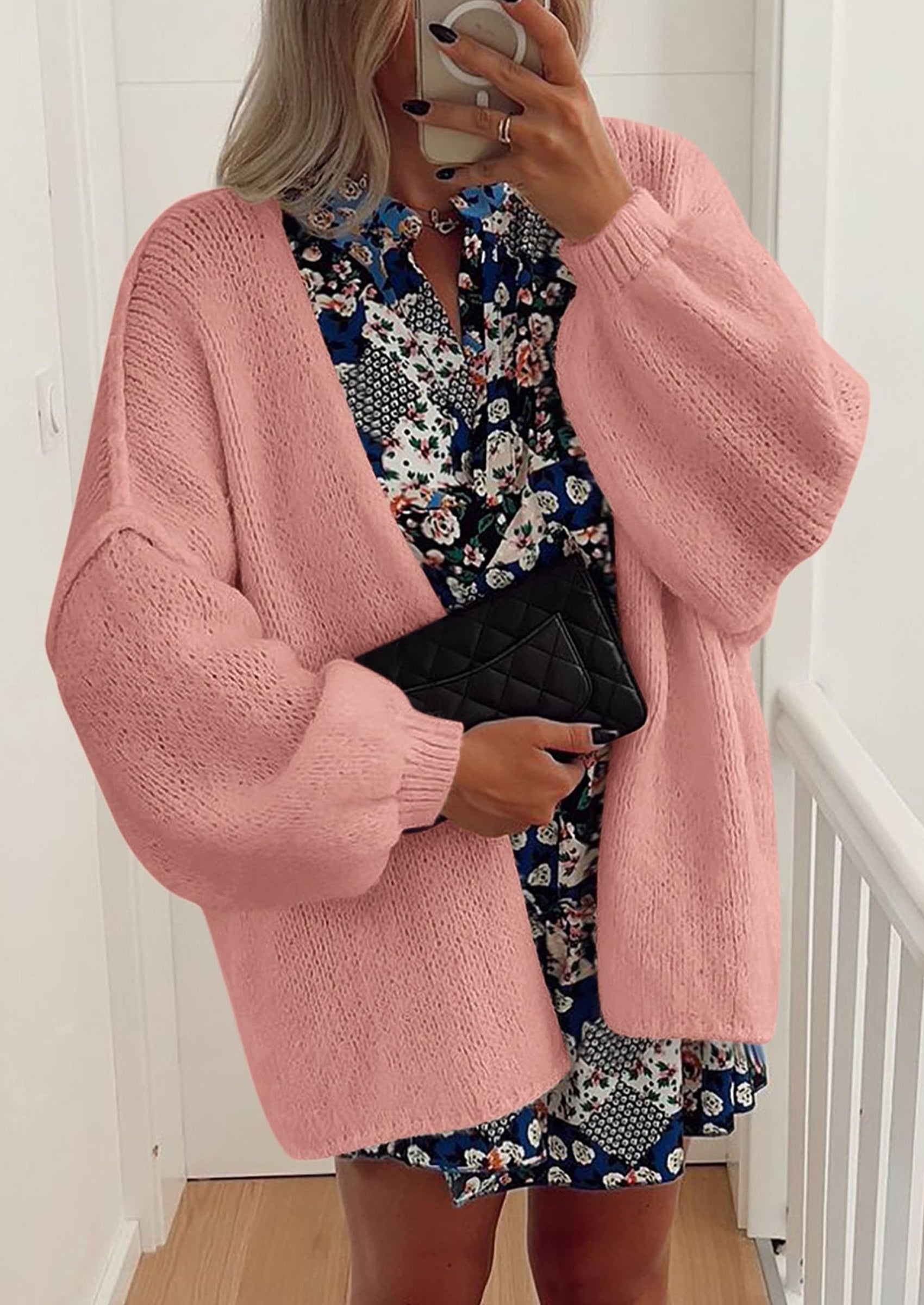 Women's Oversized Open-Front Knit Cardigan – Cozy Lantern Sleeve Sweater