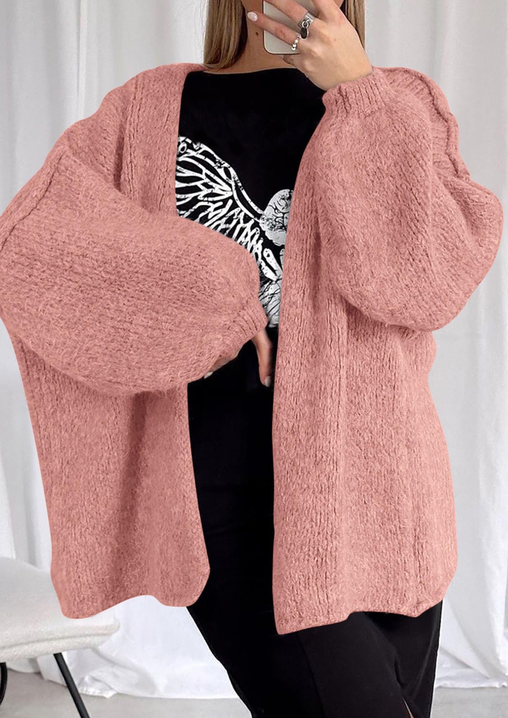 Women's Oversized Open-Front Knit Cardigan – Cozy Lantern Sleeve Sweater