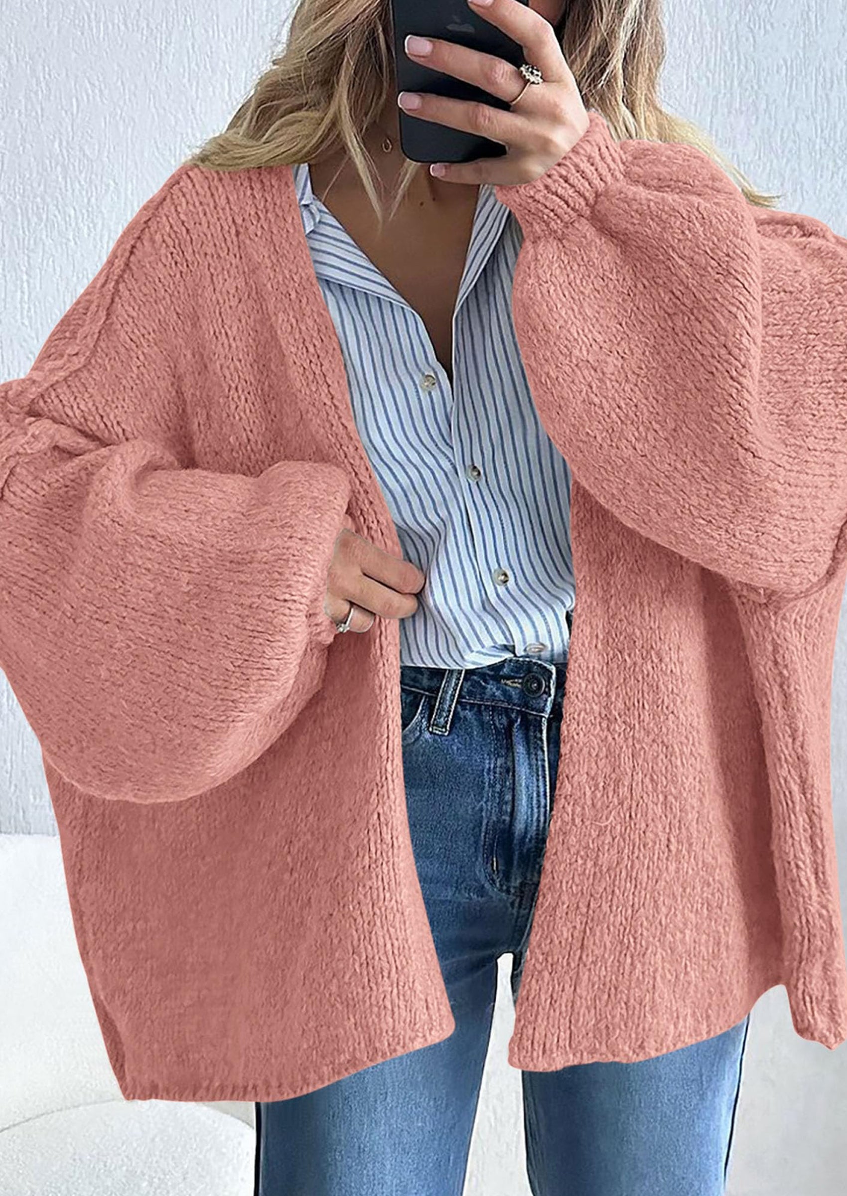 Women's Oversized Open-Front Knit Cardigan – Cozy Lantern Sleeve Sweater