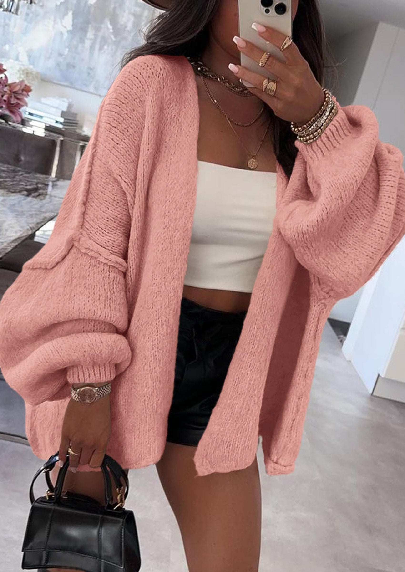 Women's Oversized Open-Front Knit Cardigan – Cozy Lantern Sleeve Sweater