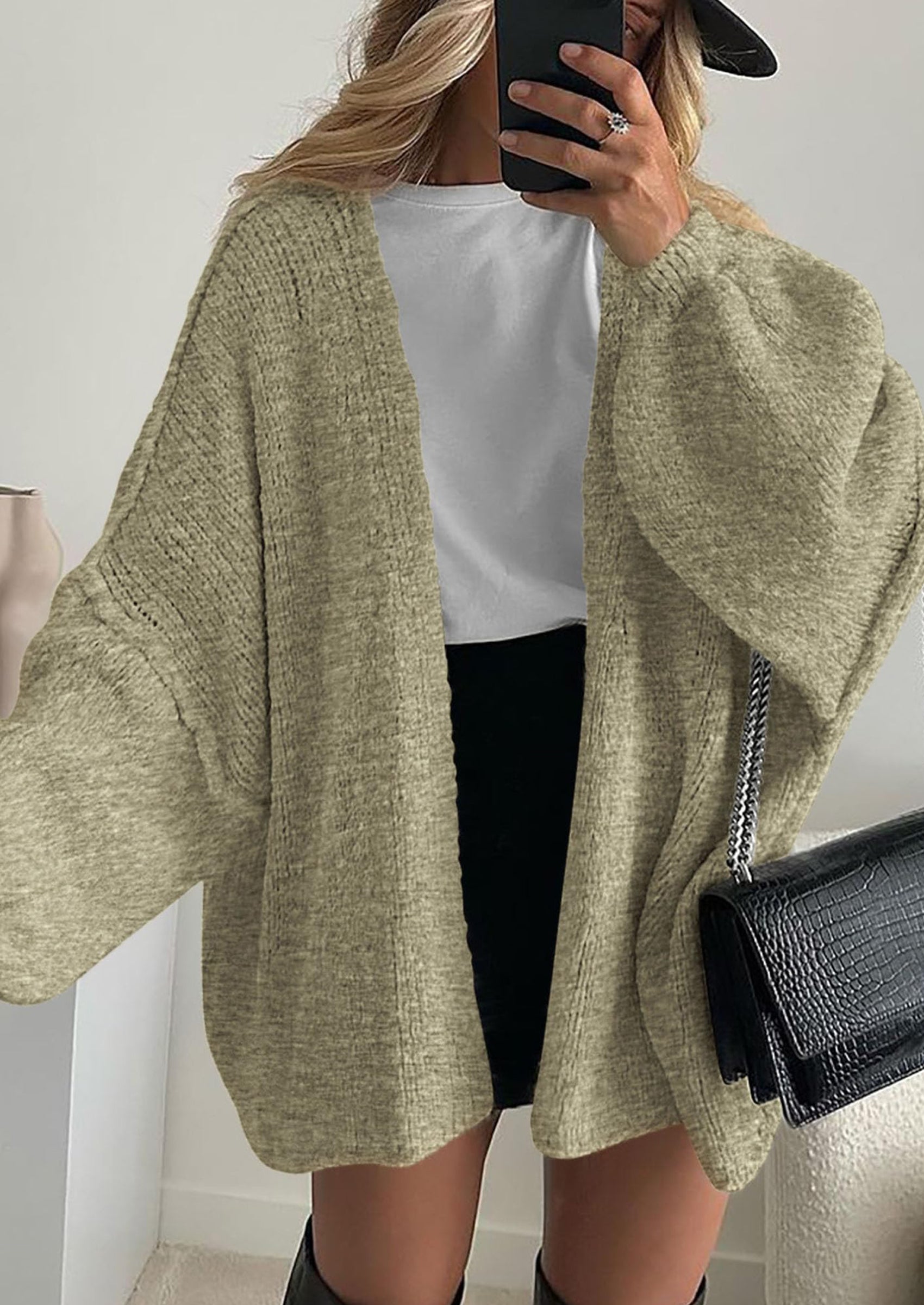Women's Oversized Open-Front Knit Cardigan – Cozy Lantern Sleeve Sweater