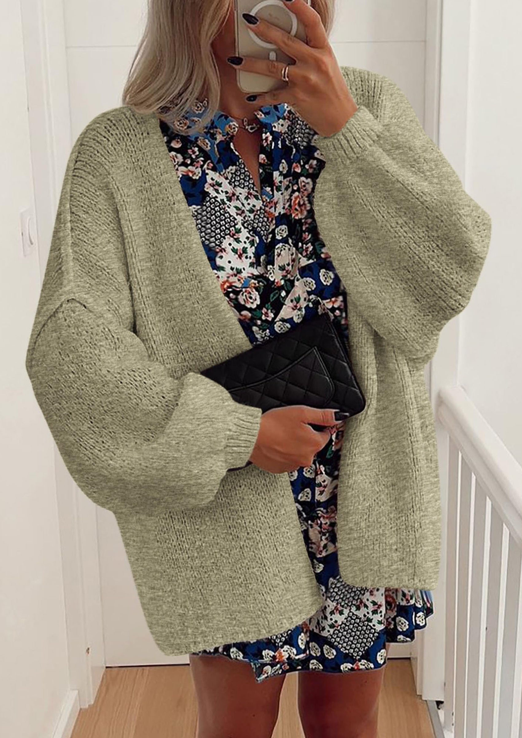 Women's Oversized Open-Front Knit Cardigan – Cozy Lantern Sleeve Sweater