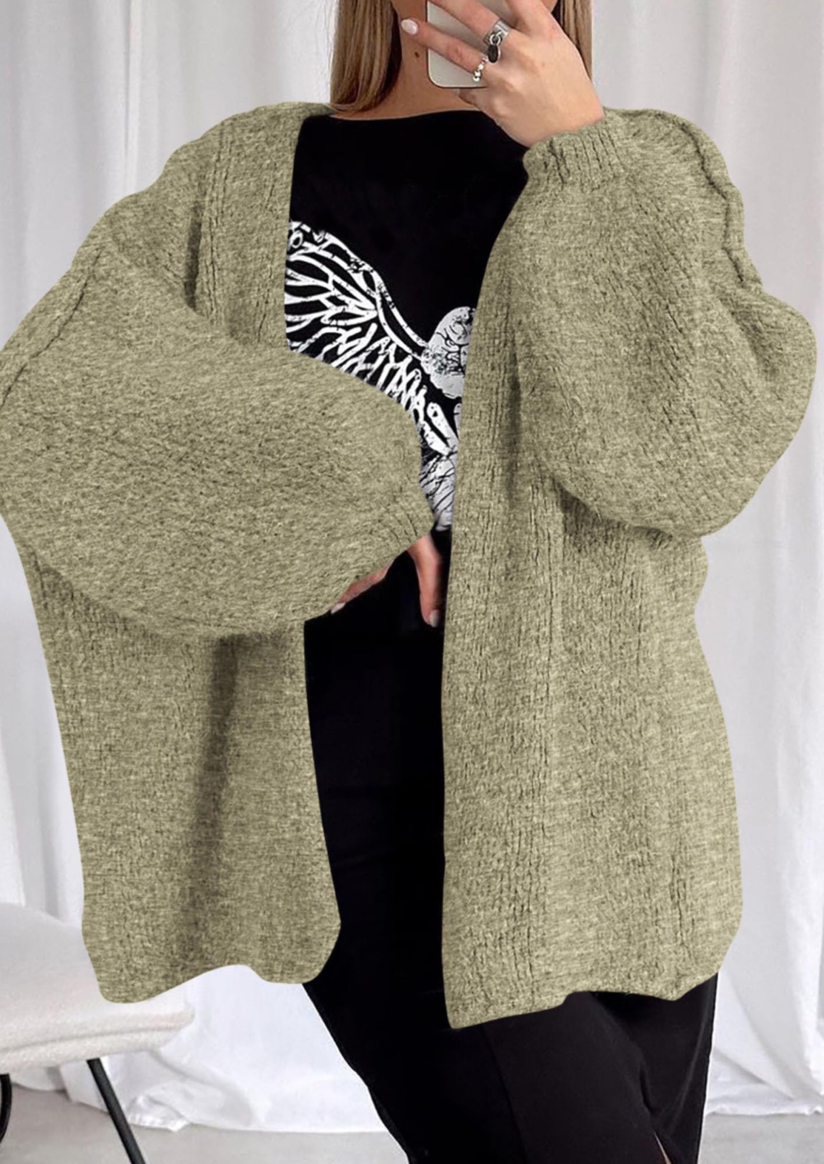 Women's Oversized Open-Front Knit Cardigan – Cozy Lantern Sleeve Sweater