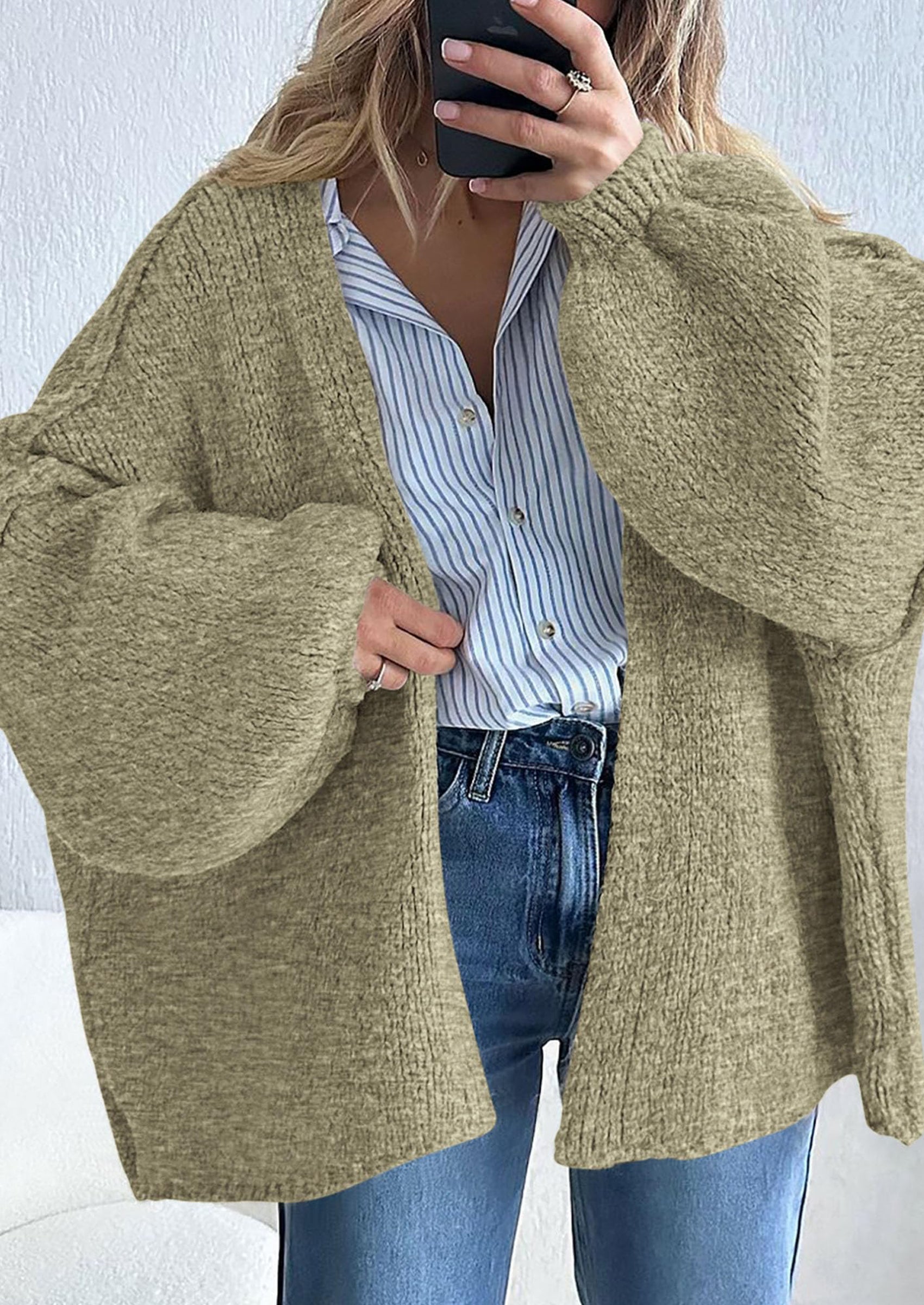 Women's Oversized Open-Front Knit Cardigan – Cozy Lantern Sleeve Sweater