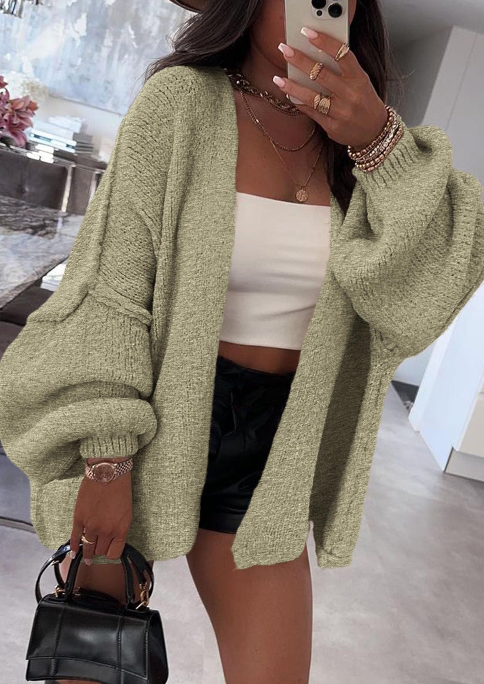 Women's Oversized Open-Front Knit Cardigan – Cozy Lantern Sleeve Sweater