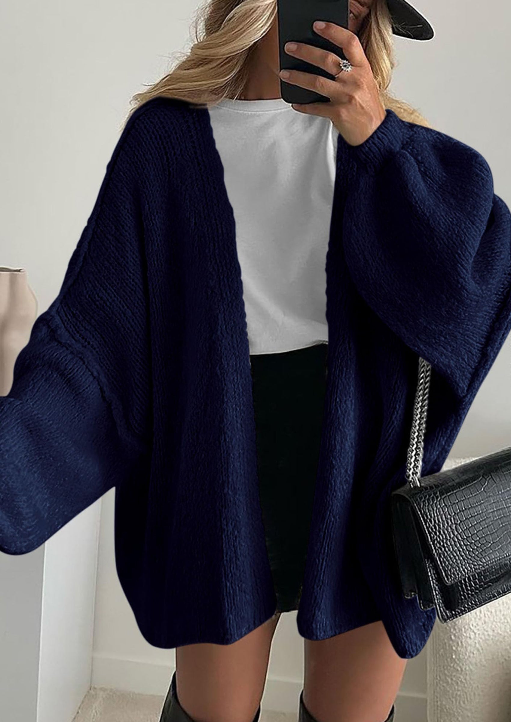 Women's Oversized Open-Front Knit Cardigan – Cozy Lantern Sleeve Sweater