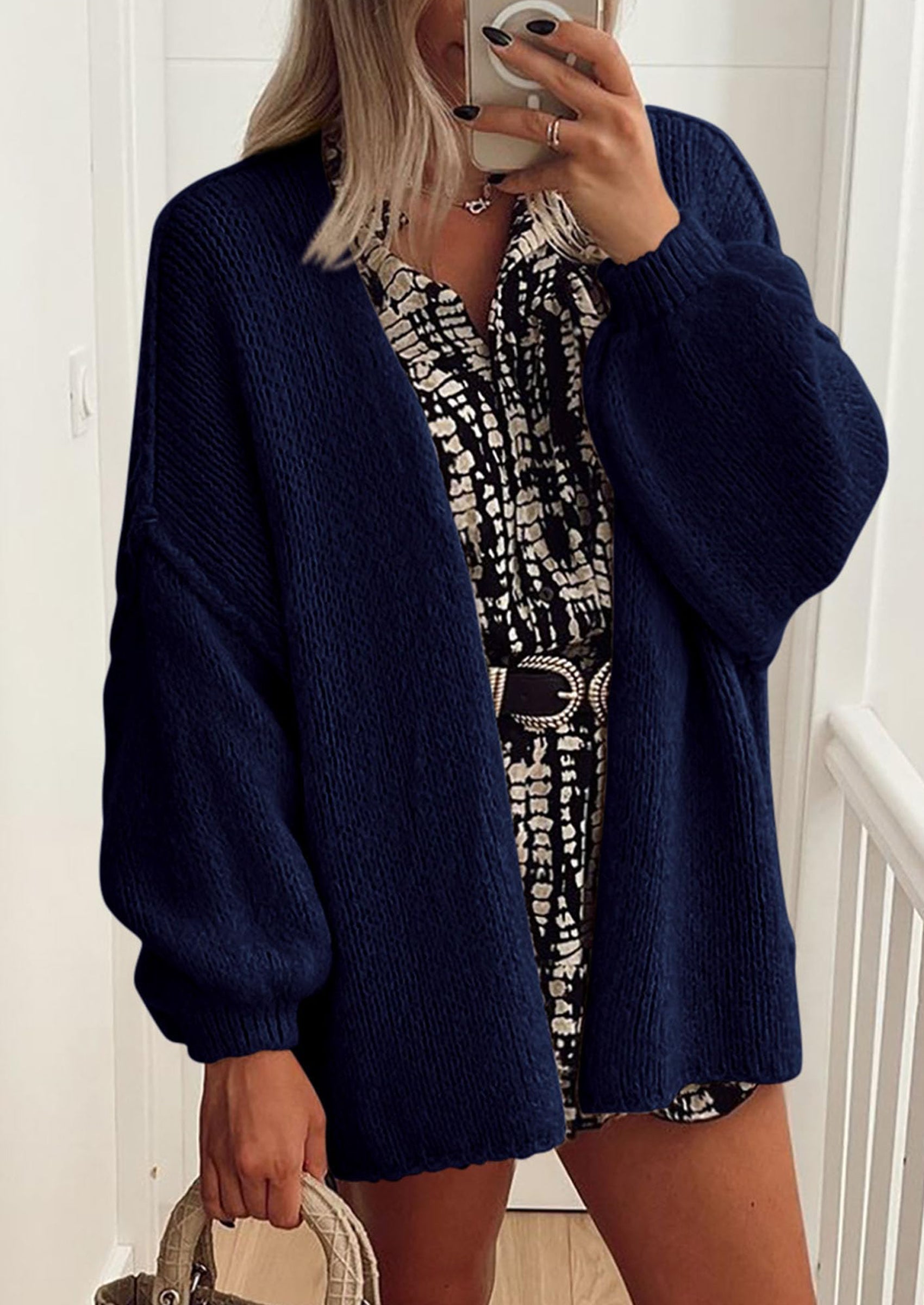 Women's Oversized Open-Front Knit Cardigan – Cozy Lantern Sleeve Sweater