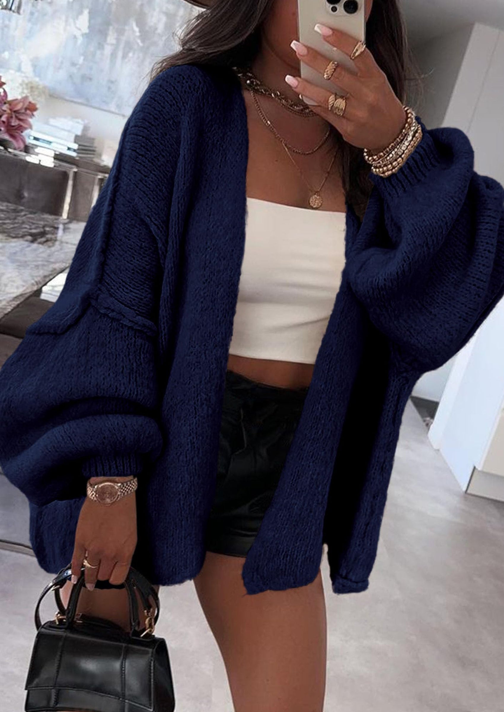 Women's Oversized Open-Front Knit Cardigan – Cozy Lantern Sleeve Sweater