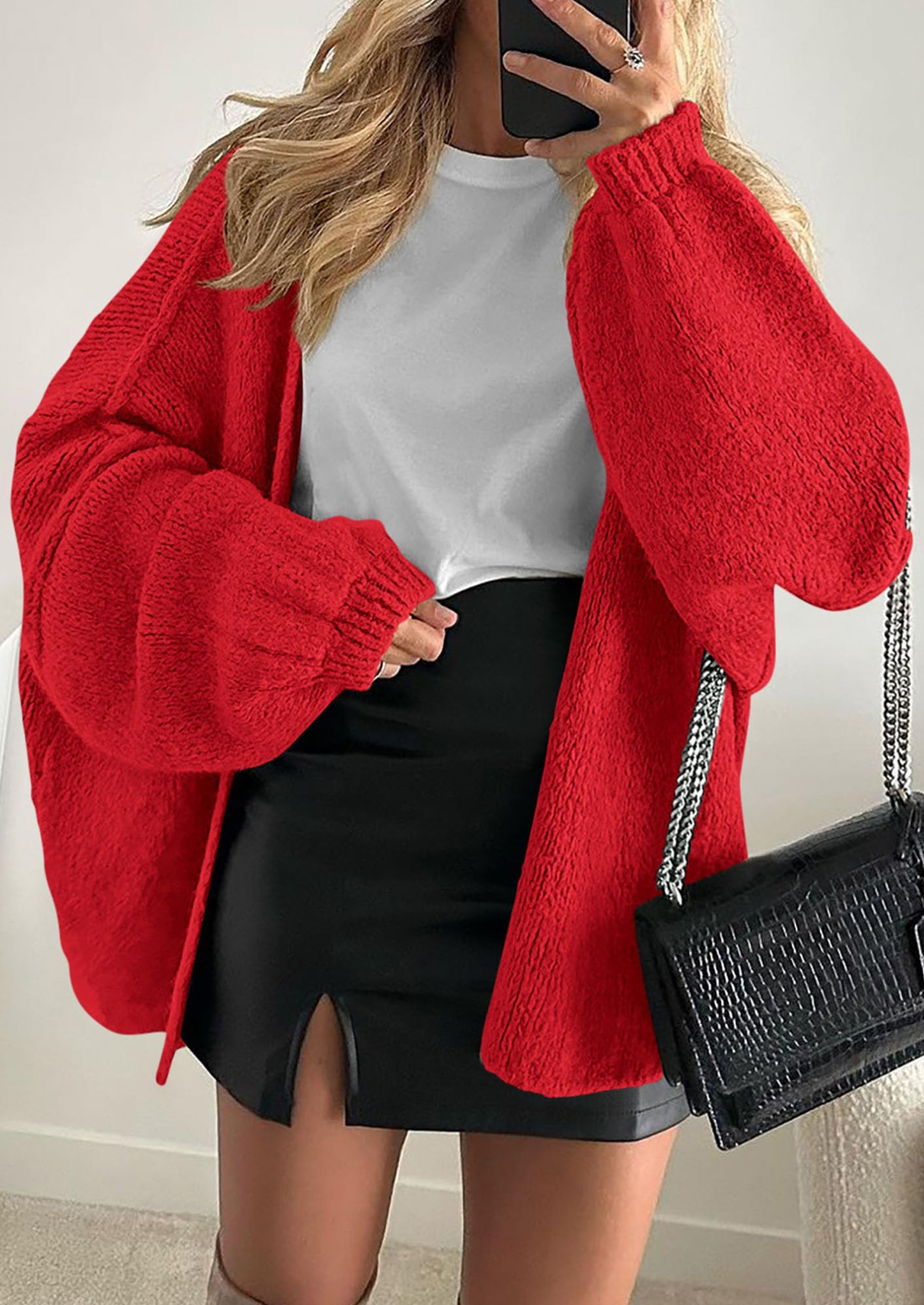 Women's Oversized Open-Front Knit Cardigan – Cozy Lantern Sleeve Sweater