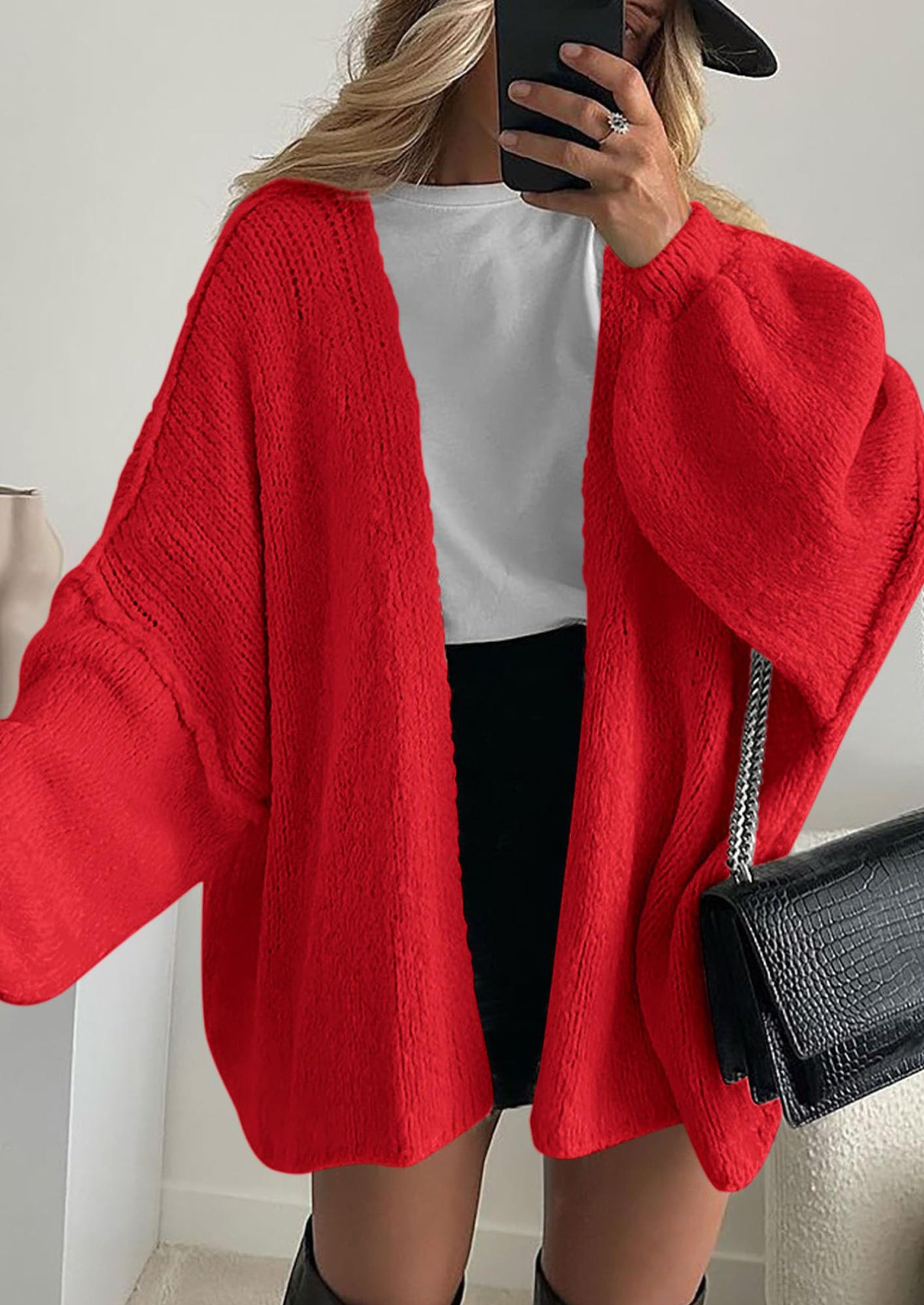Women's Oversized Open-Front Knit Cardigan – Cozy Lantern Sleeve Sweater