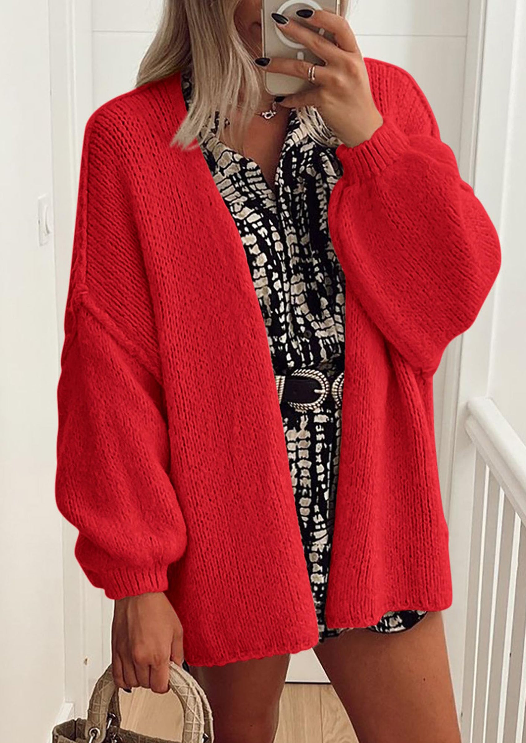 Women's Oversized Open-Front Knit Cardigan – Cozy Lantern Sleeve Sweater
