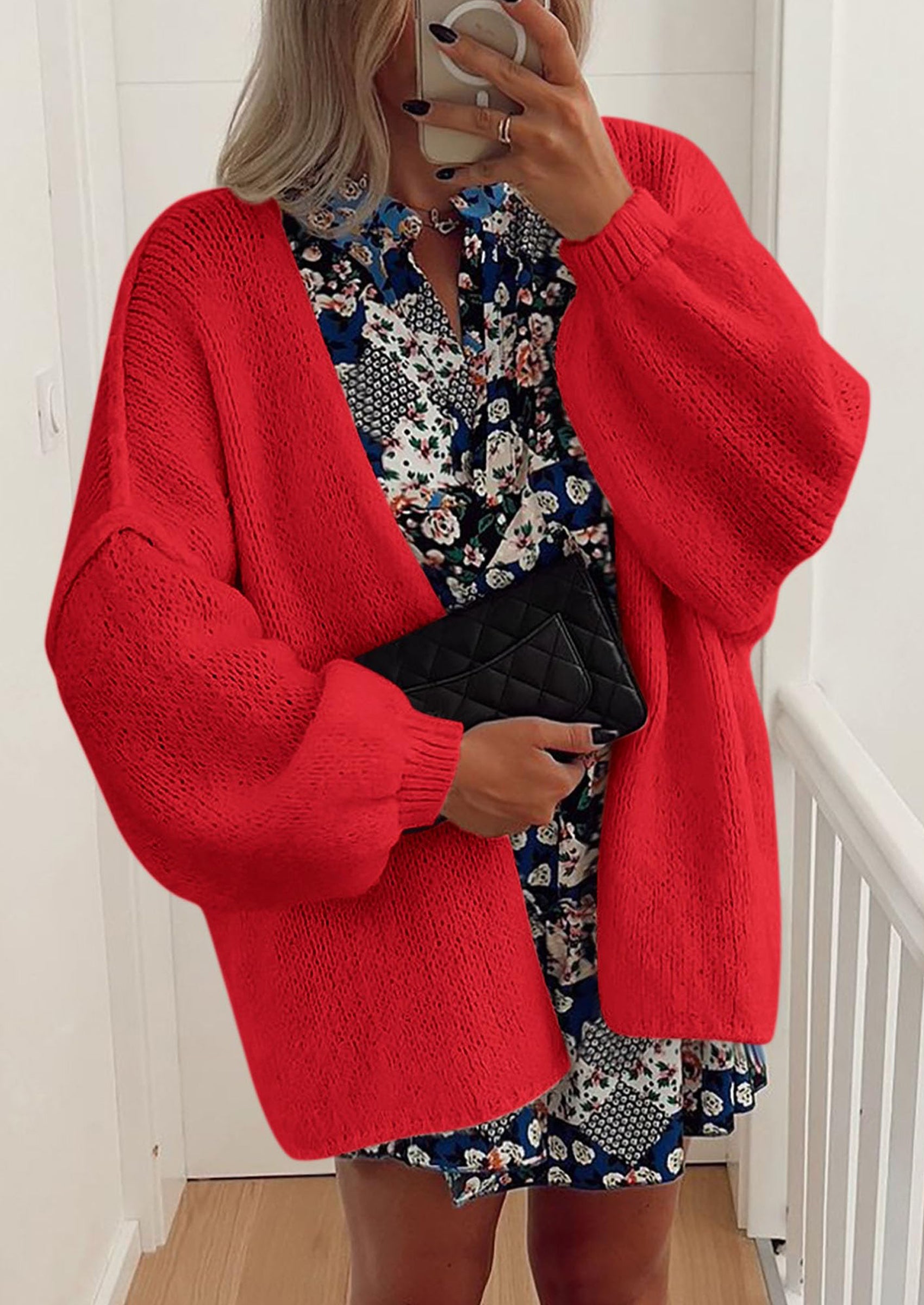 Women's Oversized Open-Front Knit Cardigan – Cozy Lantern Sleeve Sweater