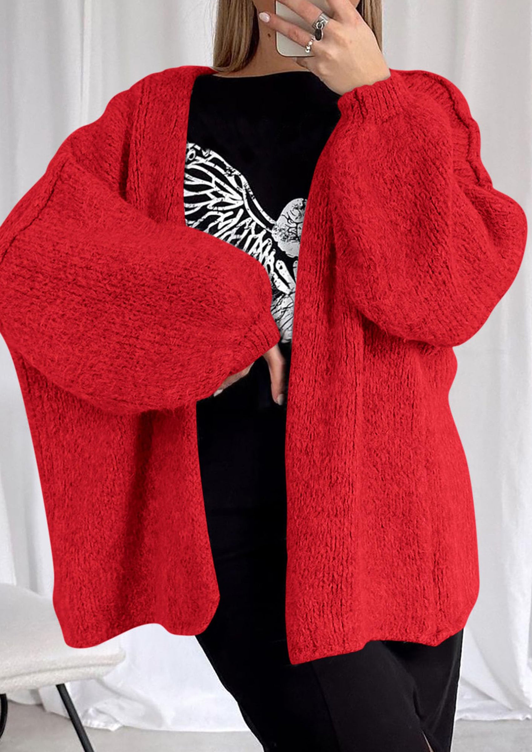 Women's Oversized Open-Front Knit Cardigan – Cozy Lantern Sleeve Sweater