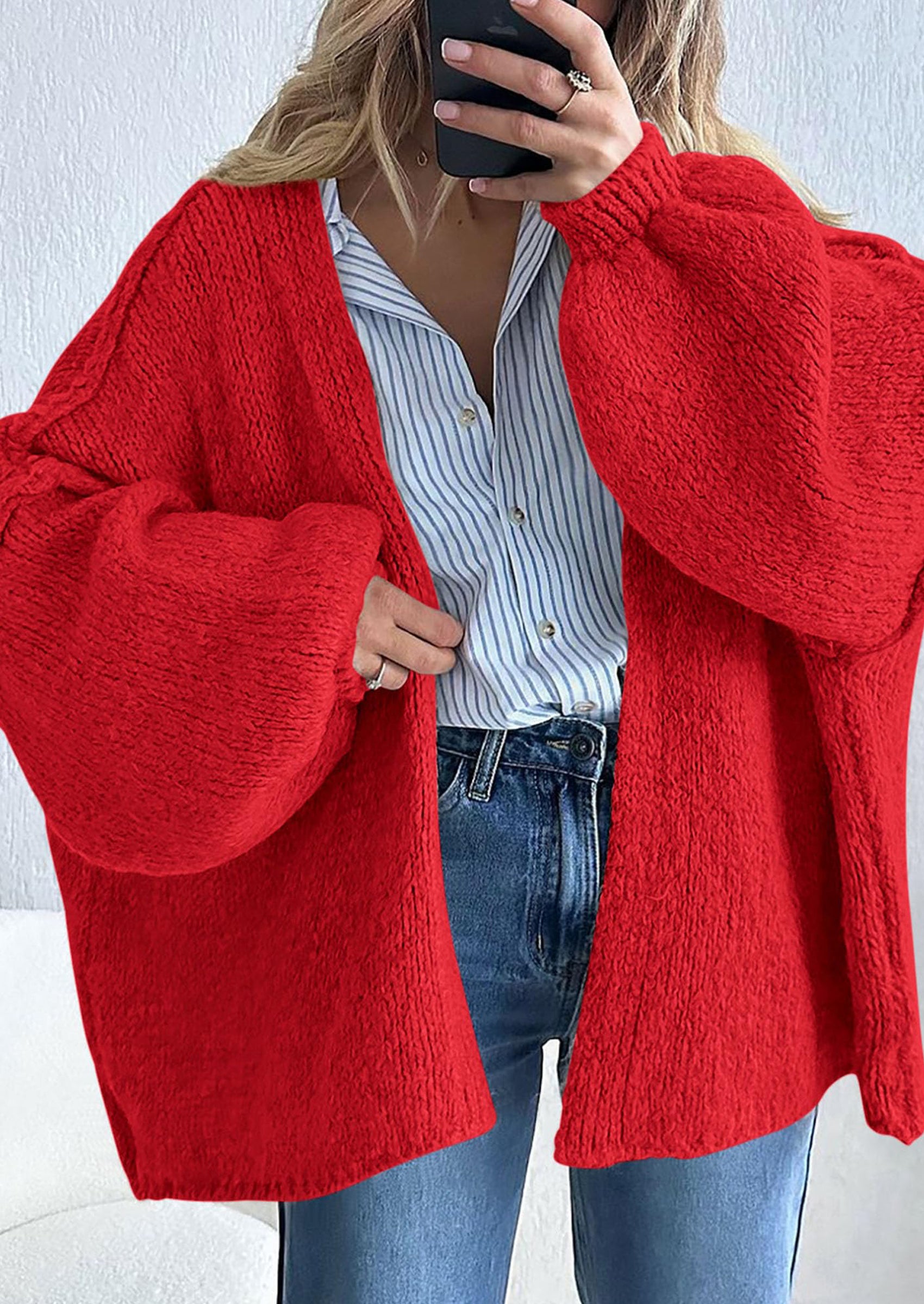 Women's Oversized Open-Front Knit Cardigan – Cozy Lantern Sleeve Sweater
