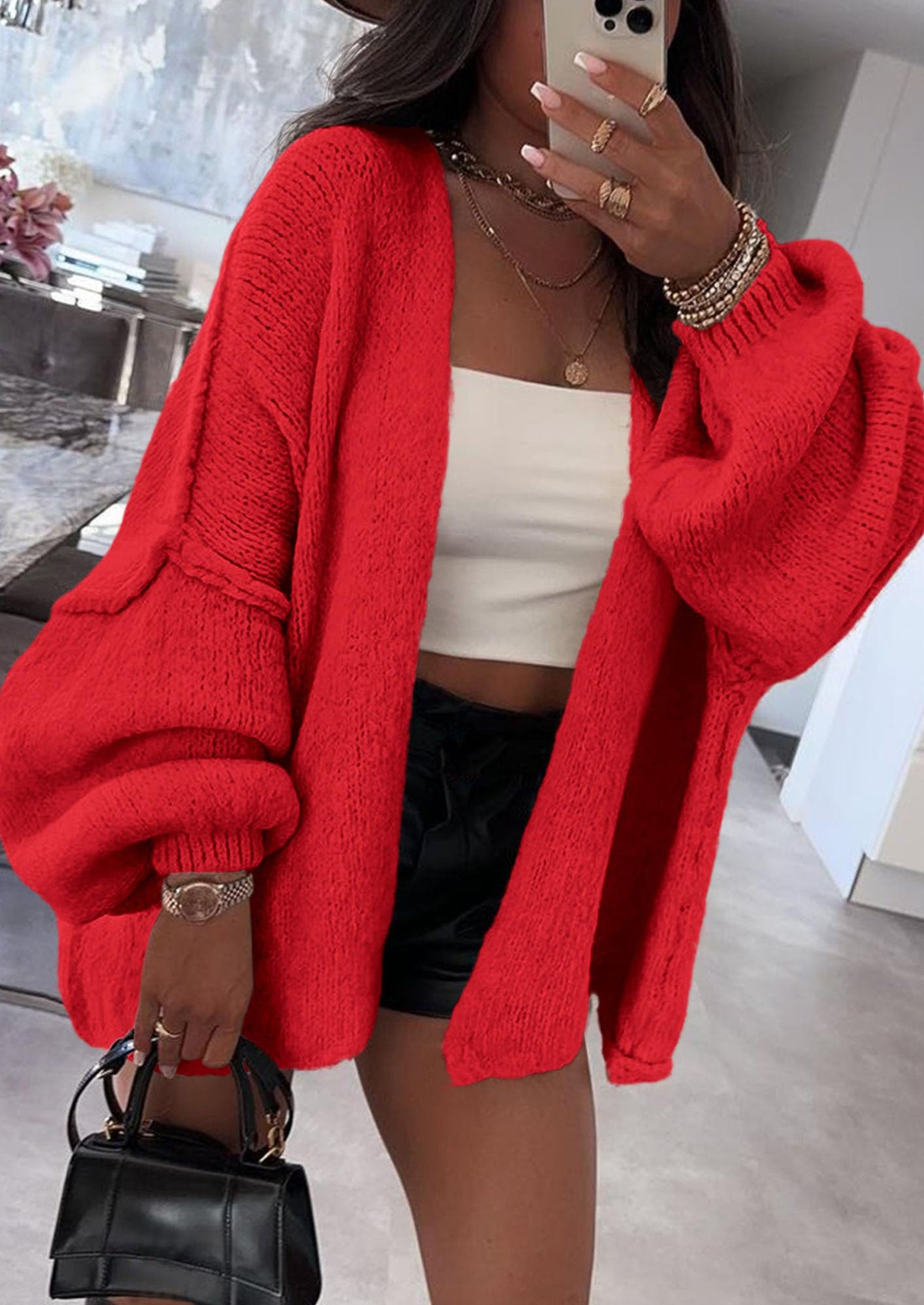 Women's Oversized Open-Front Knit Cardigan – Cozy Lantern Sleeve Sweater