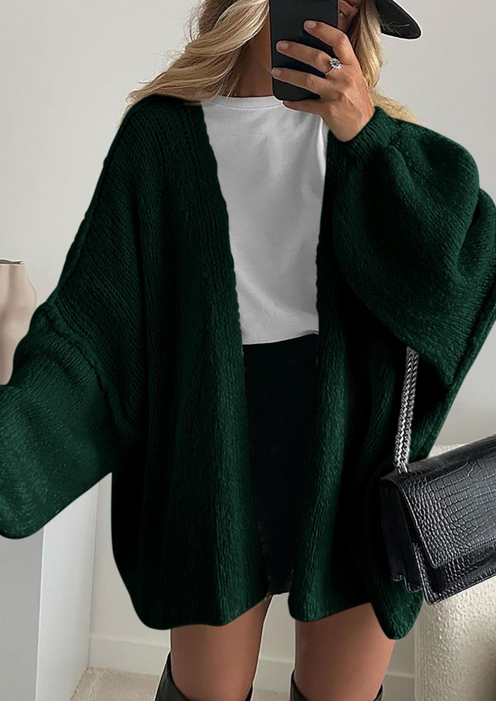 Women's Oversized Open-Front Knit Cardigan – Cozy Lantern Sleeve Sweater