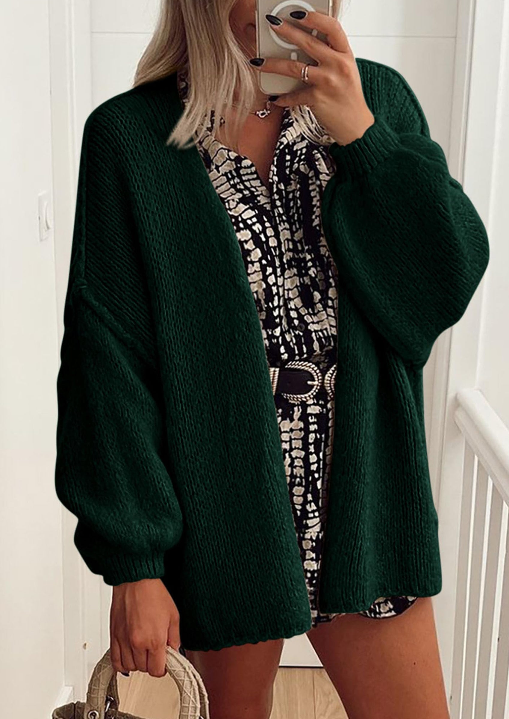 Women's Oversized Open-Front Knit Cardigan – Cozy Lantern Sleeve Sweater