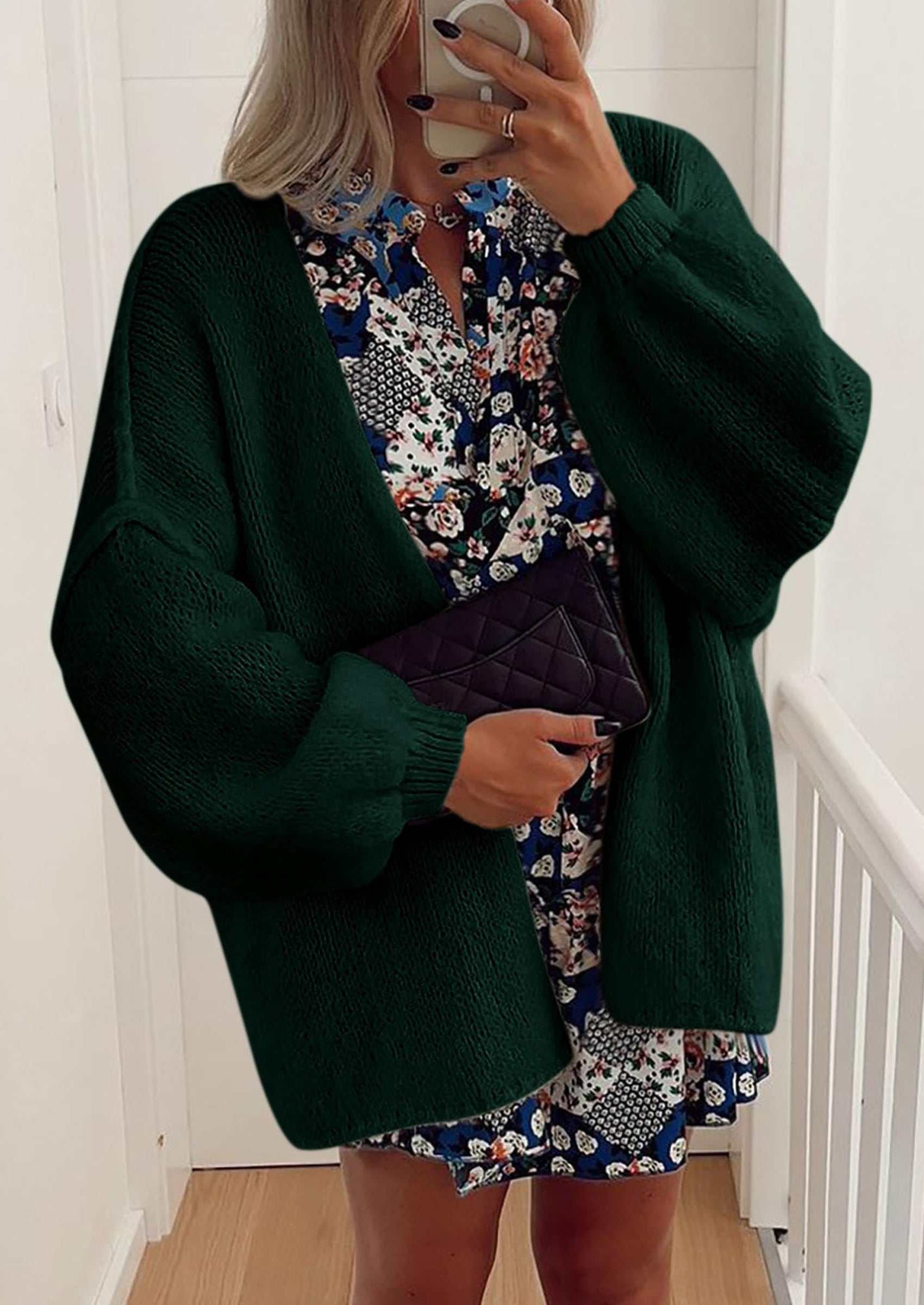 Women's Oversized Open-Front Knit Cardigan – Cozy Lantern Sleeve Sweater
