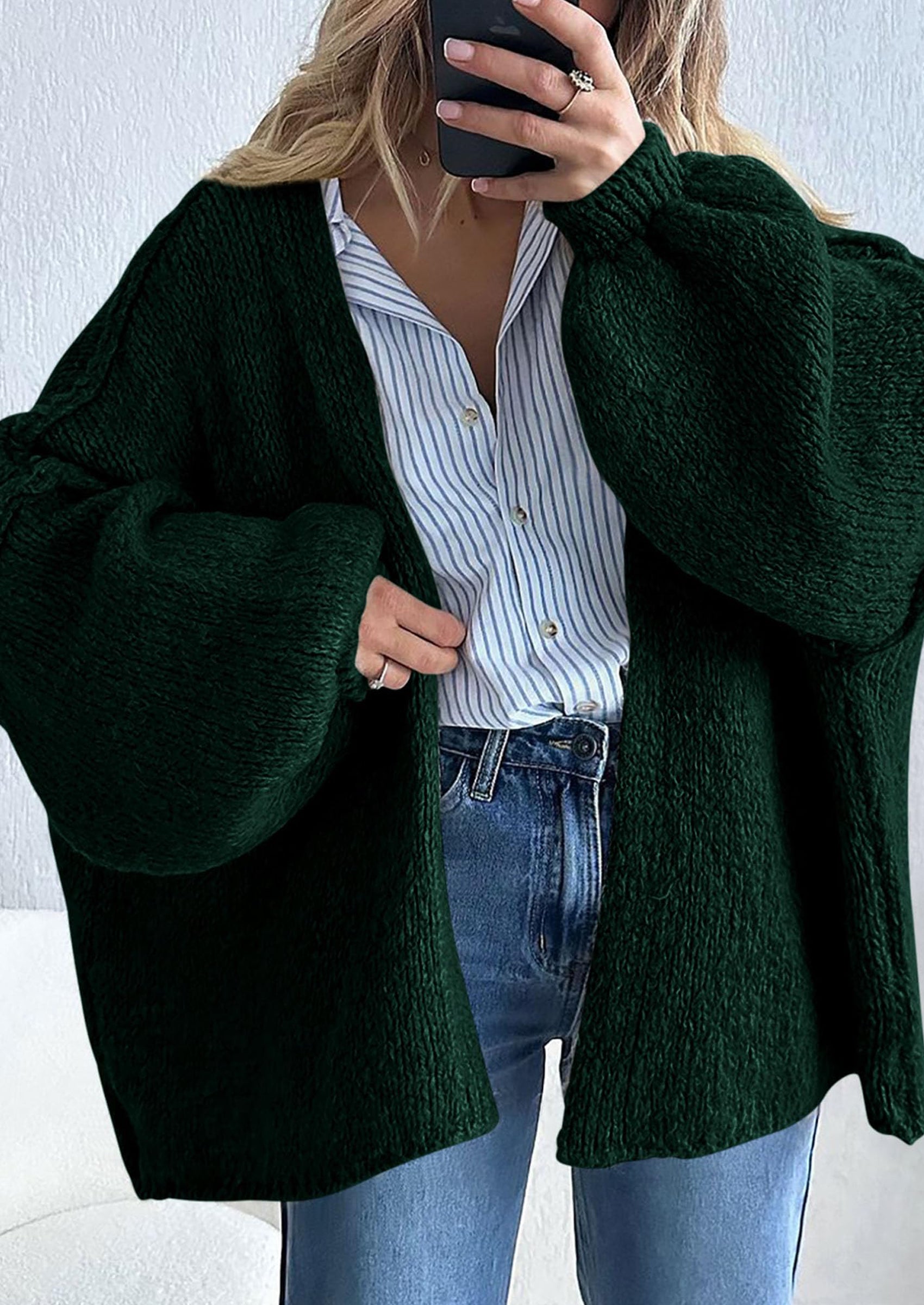 Women's Oversized Open-Front Knit Cardigan – Cozy Lantern Sleeve Sweater