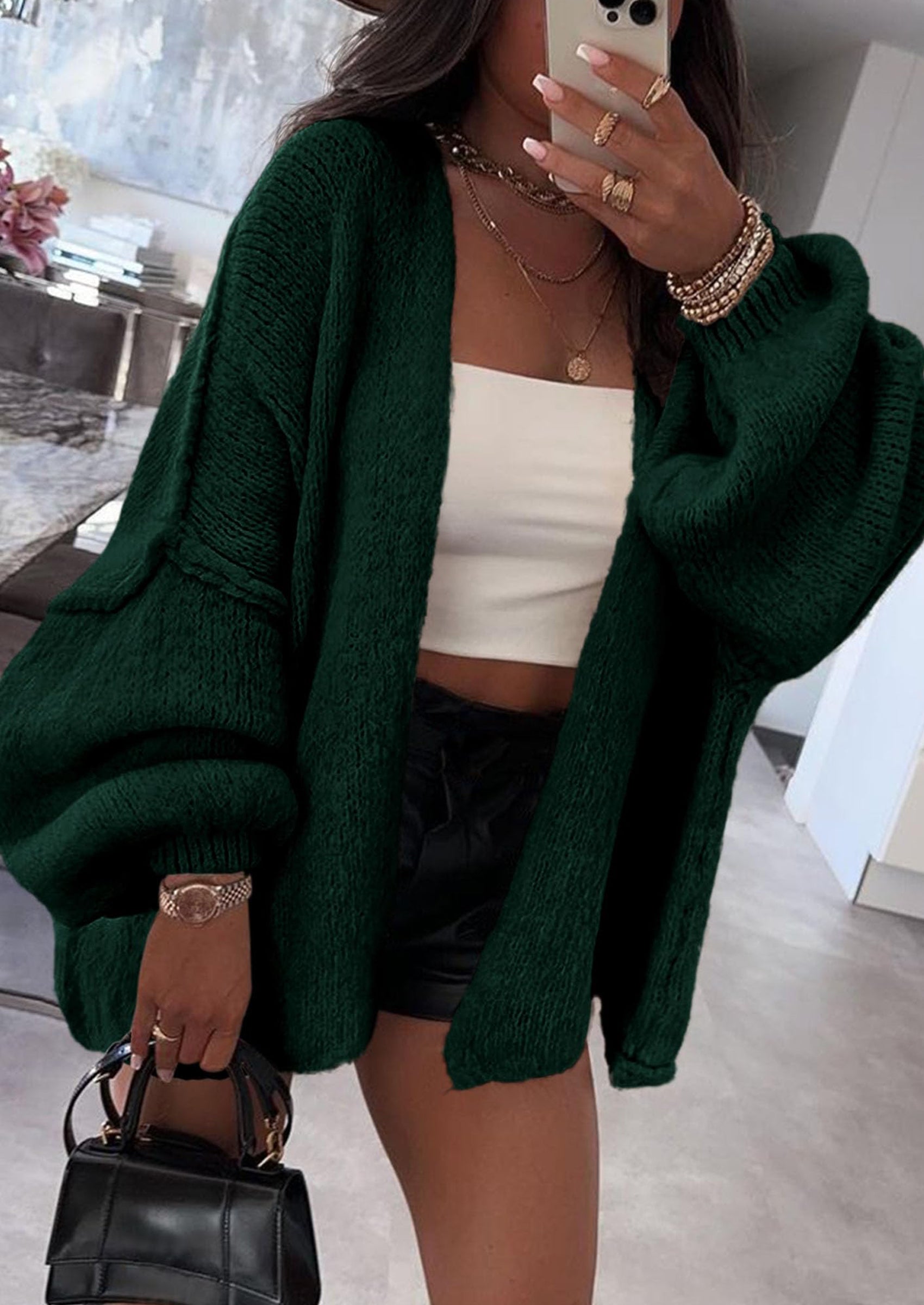 Women's Oversized Open-Front Knit Cardigan – Cozy Lantern Sleeve Sweater