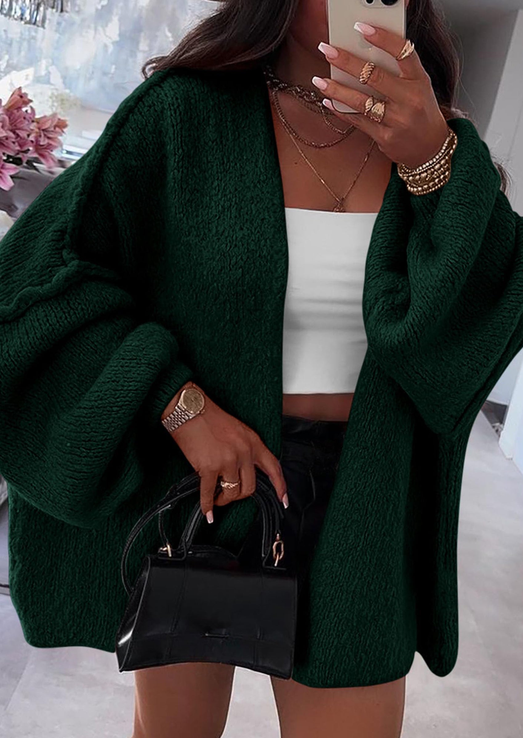 Women's Oversized Open-Front Knit Cardigan – Cozy Lantern Sleeve Sweater