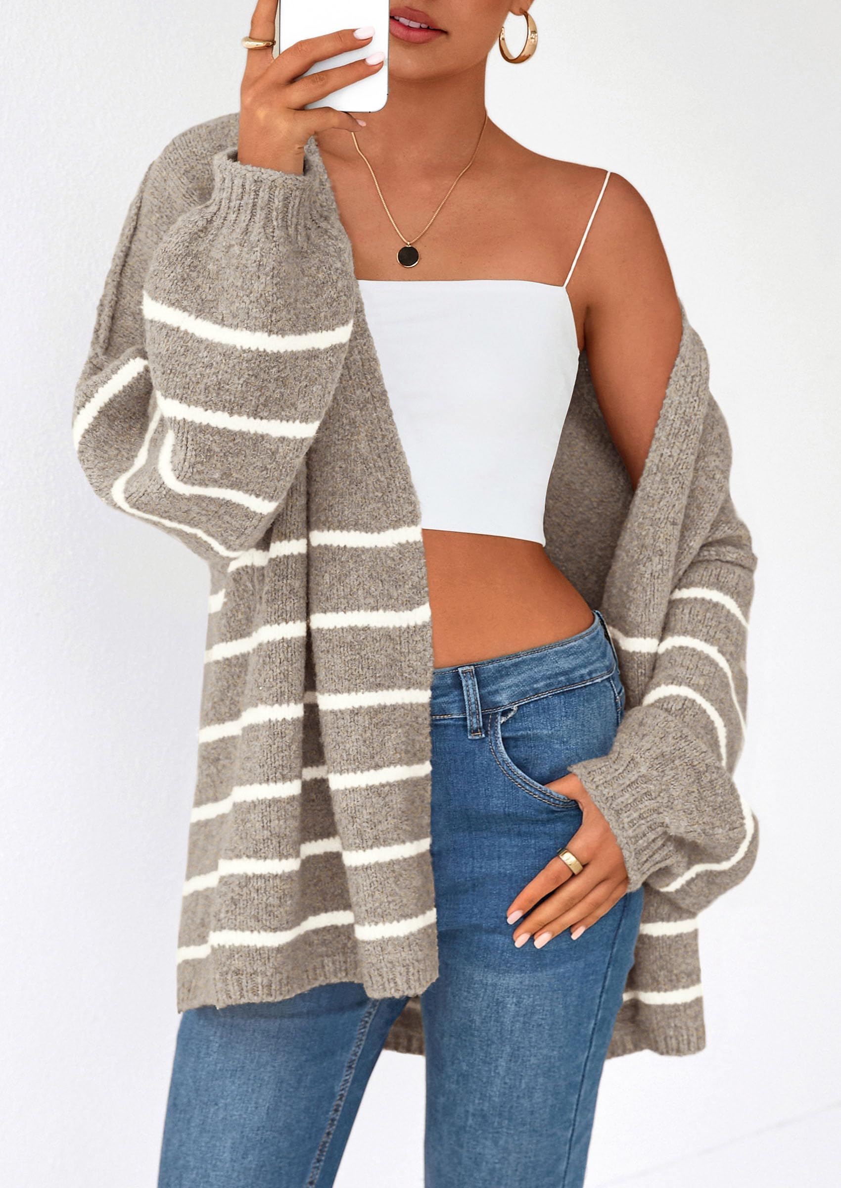 Women's Oversized Open-Front Knit Cardigan – Cozy Lantern Sleeve Sweater