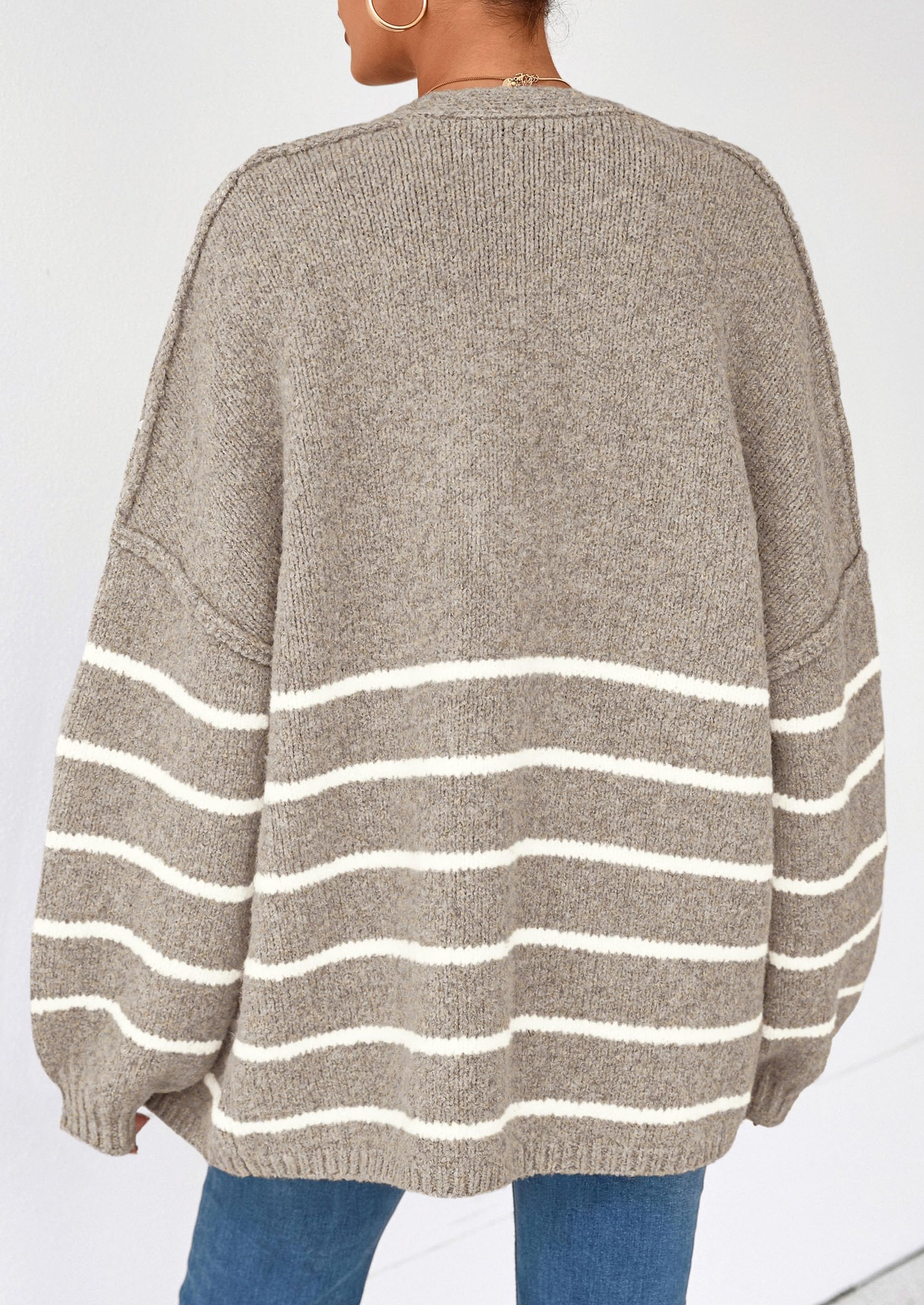 Women's Oversized Open-Front Knit Cardigan – Cozy Lantern Sleeve Sweater