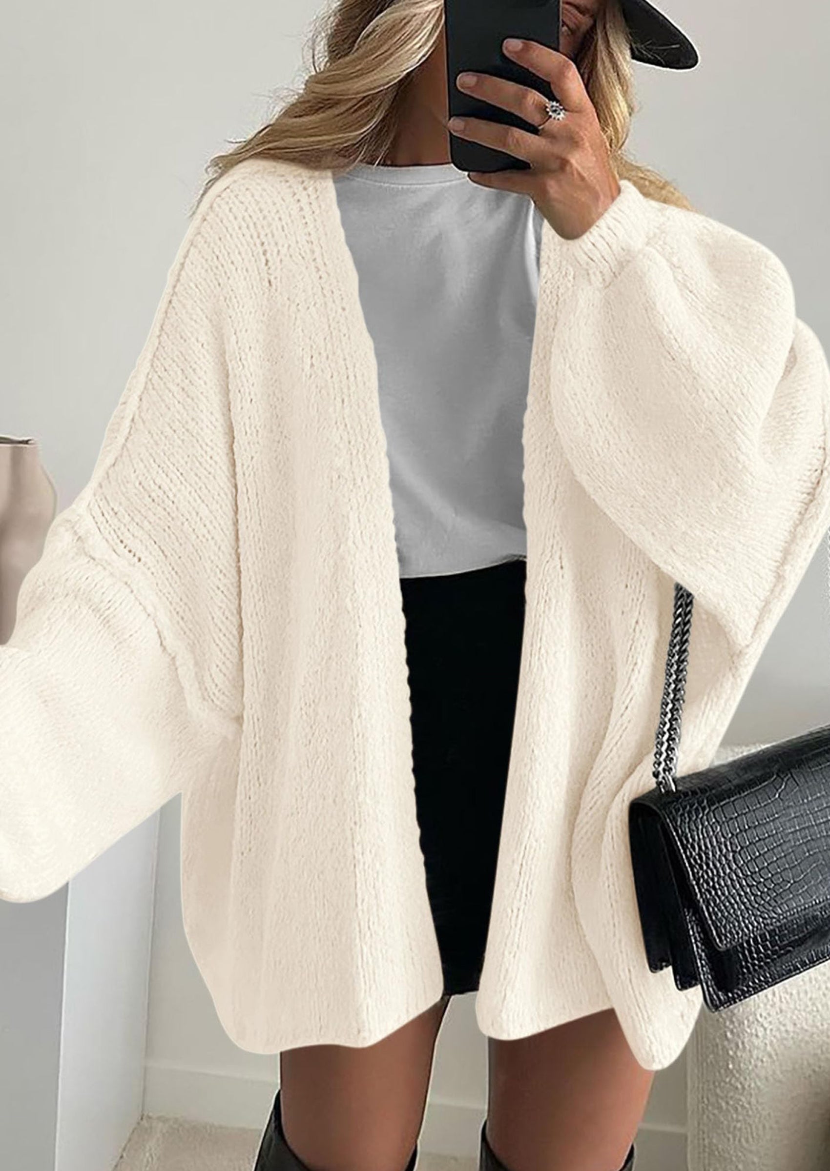 Women's Oversized Open-Front Knit Cardigan – Cozy Lantern Sleeve Sweater