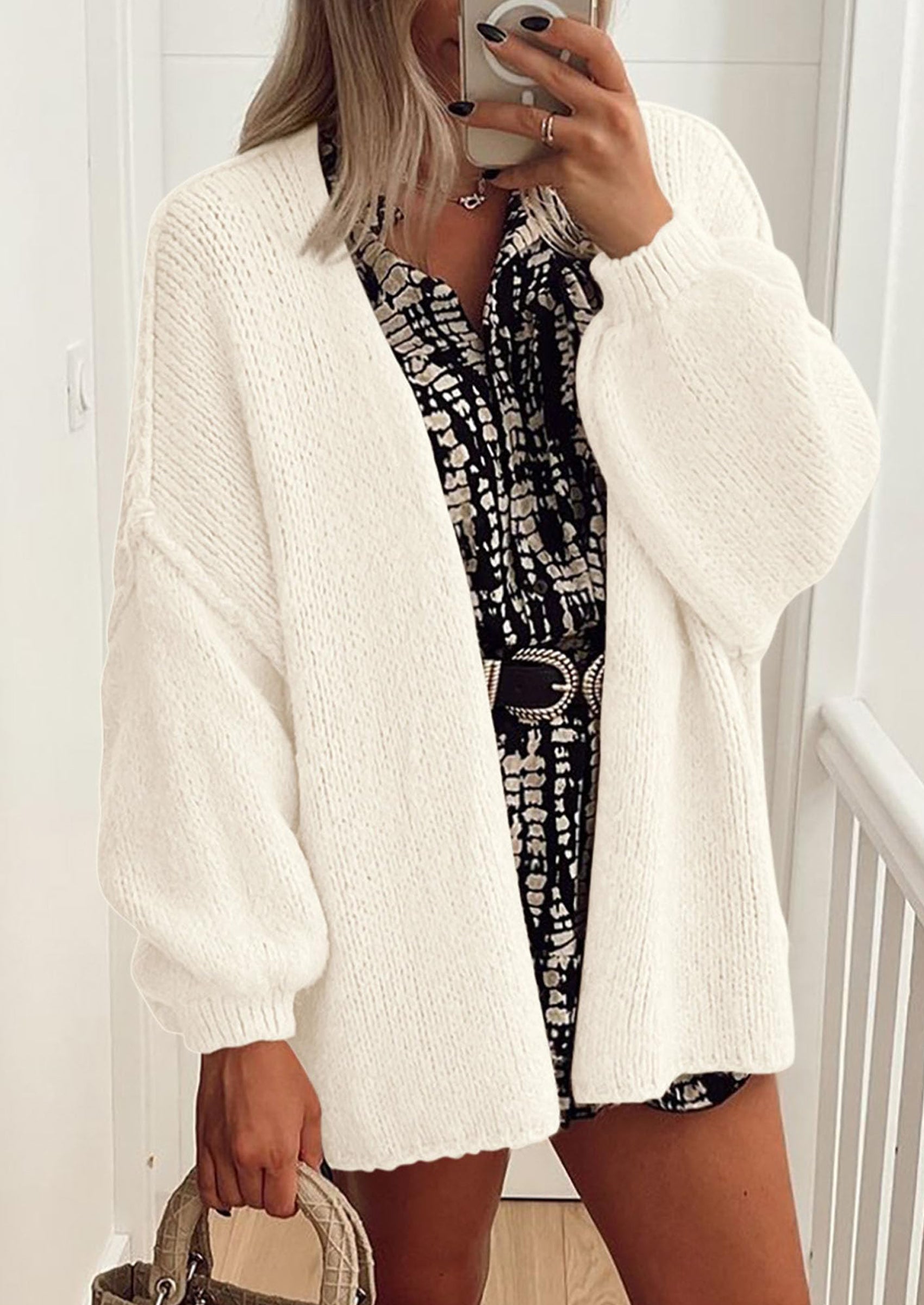 Women's Oversized Open-Front Knit Cardigan – Cozy Lantern Sleeve Sweater