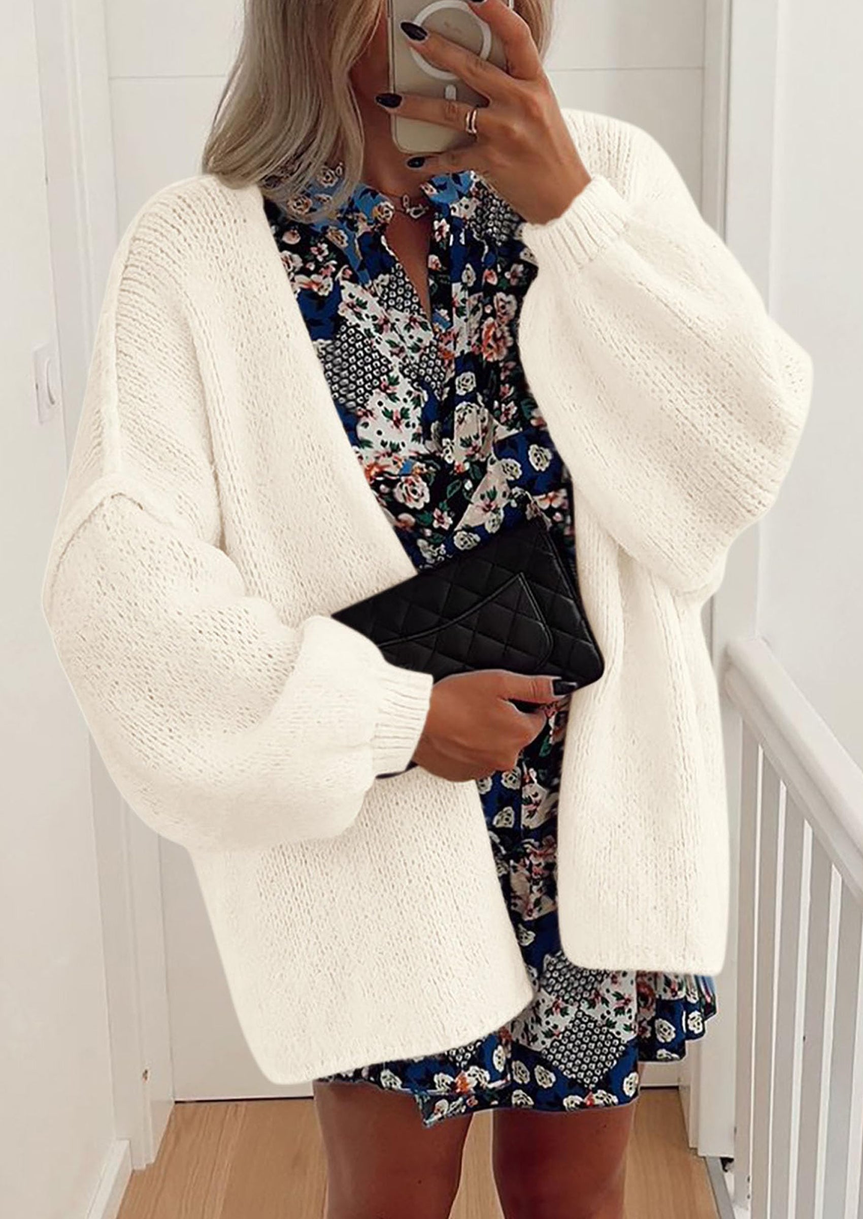 Women's Oversized Open-Front Knit Cardigan – Cozy Lantern Sleeve Sweater