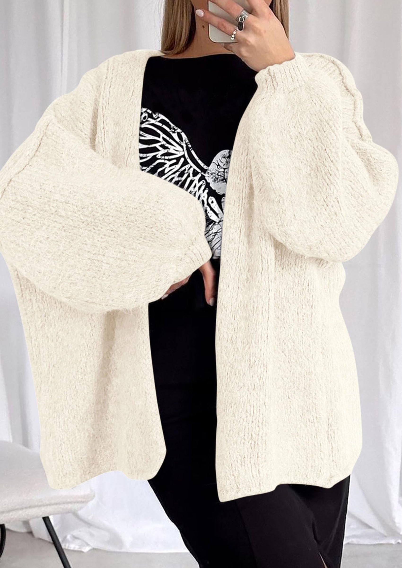Women's Oversized Open-Front Knit Cardigan – Cozy Lantern Sleeve Sweater
