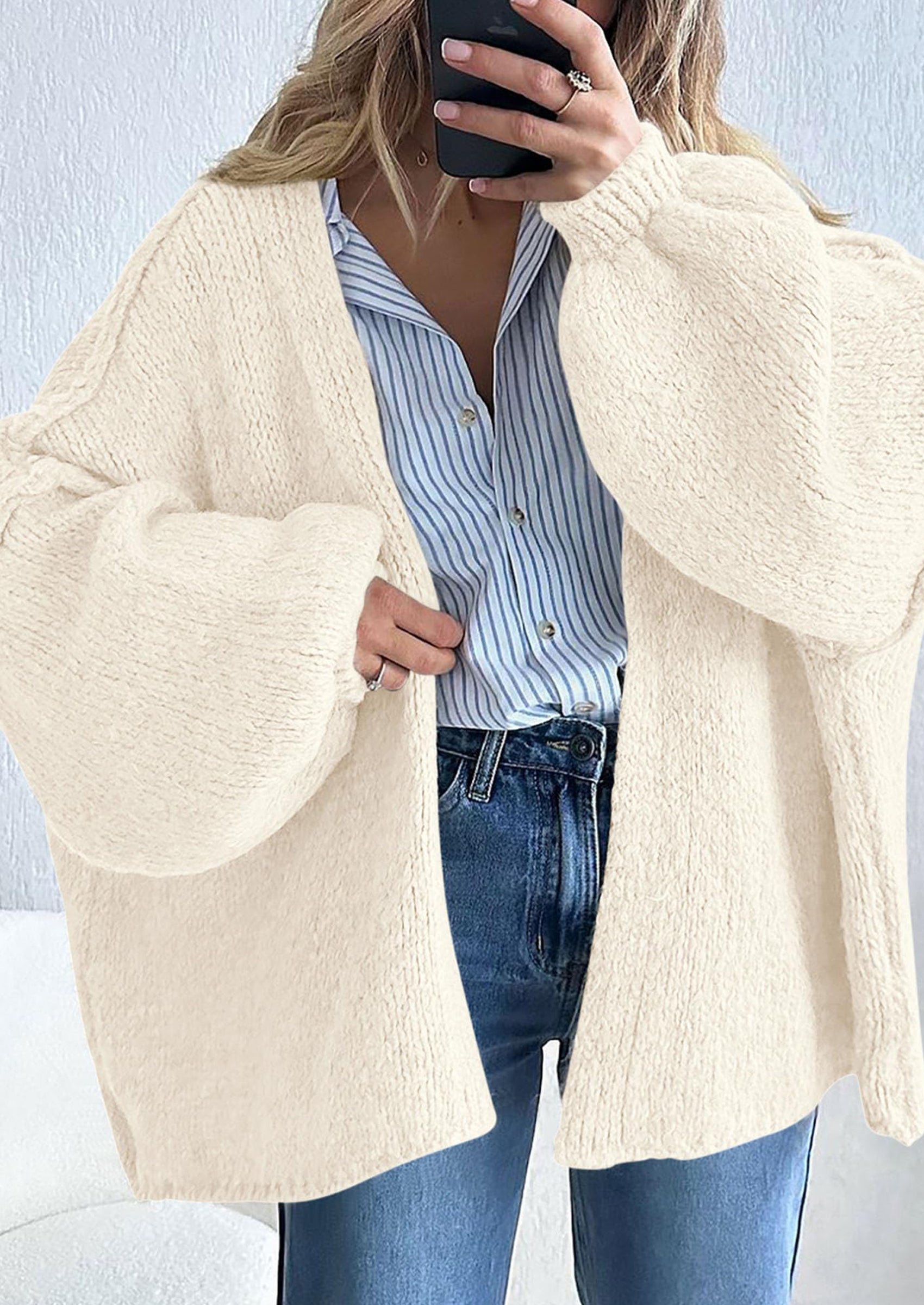 Women's Oversized Open-Front Knit Cardigan – Cozy Lantern Sleeve Sweater