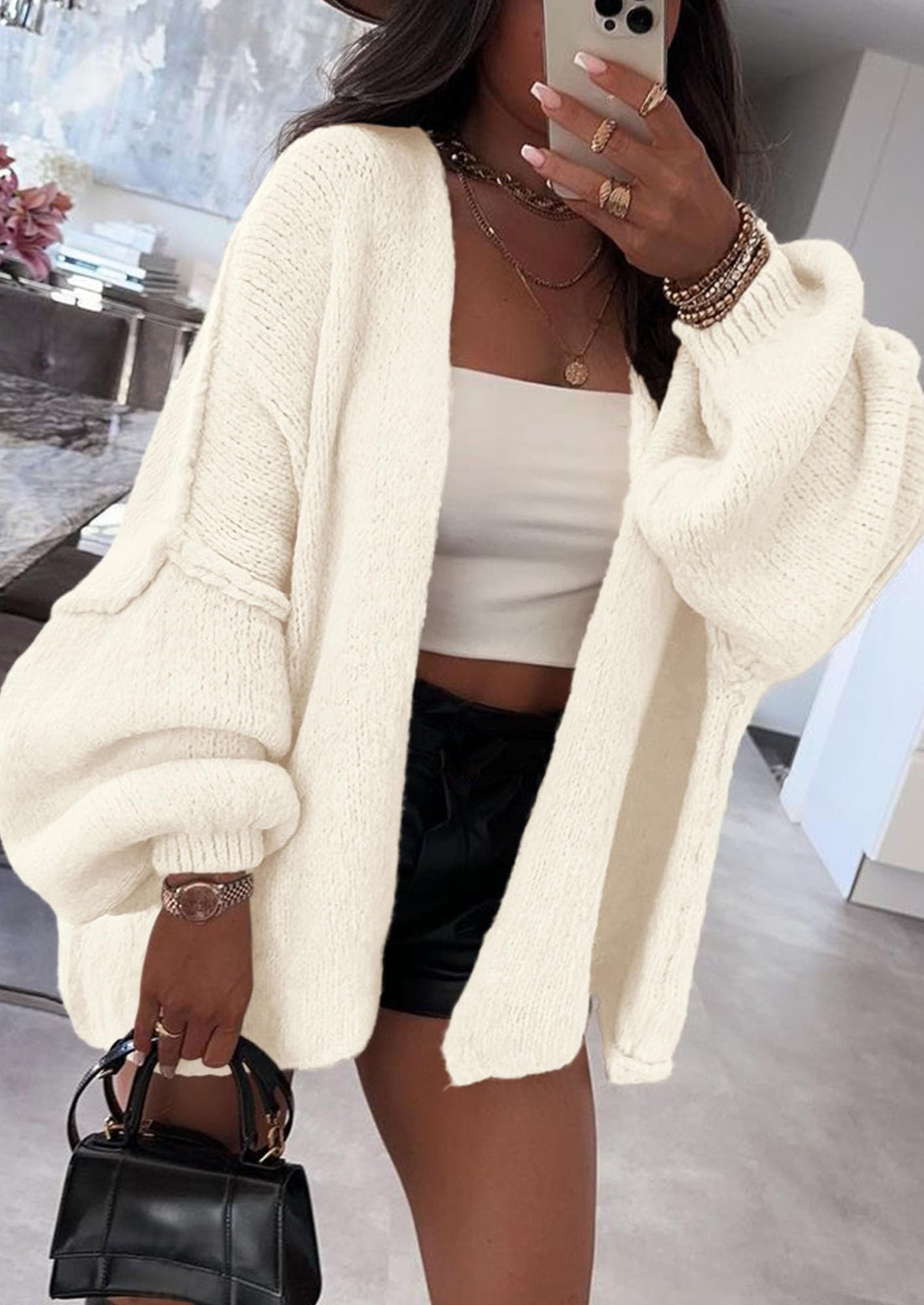 Women's Oversized Open-Front Knit Cardigan – Cozy Lantern Sleeve Sweater