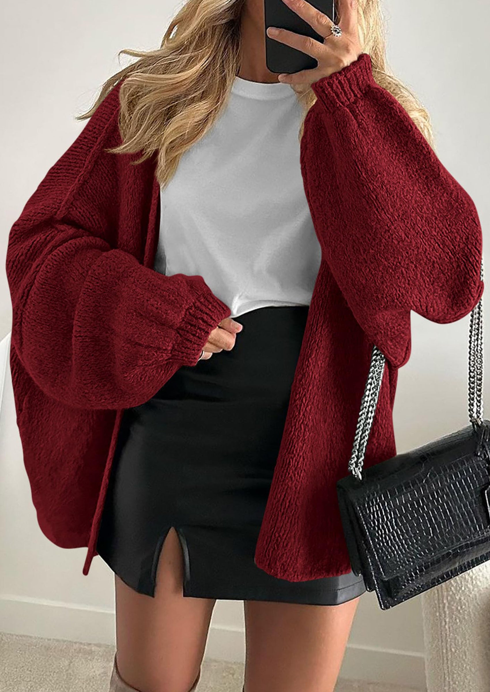 Women's Oversized Open-Front Knit Cardigan – Cozy Lantern Sleeve Sweater
