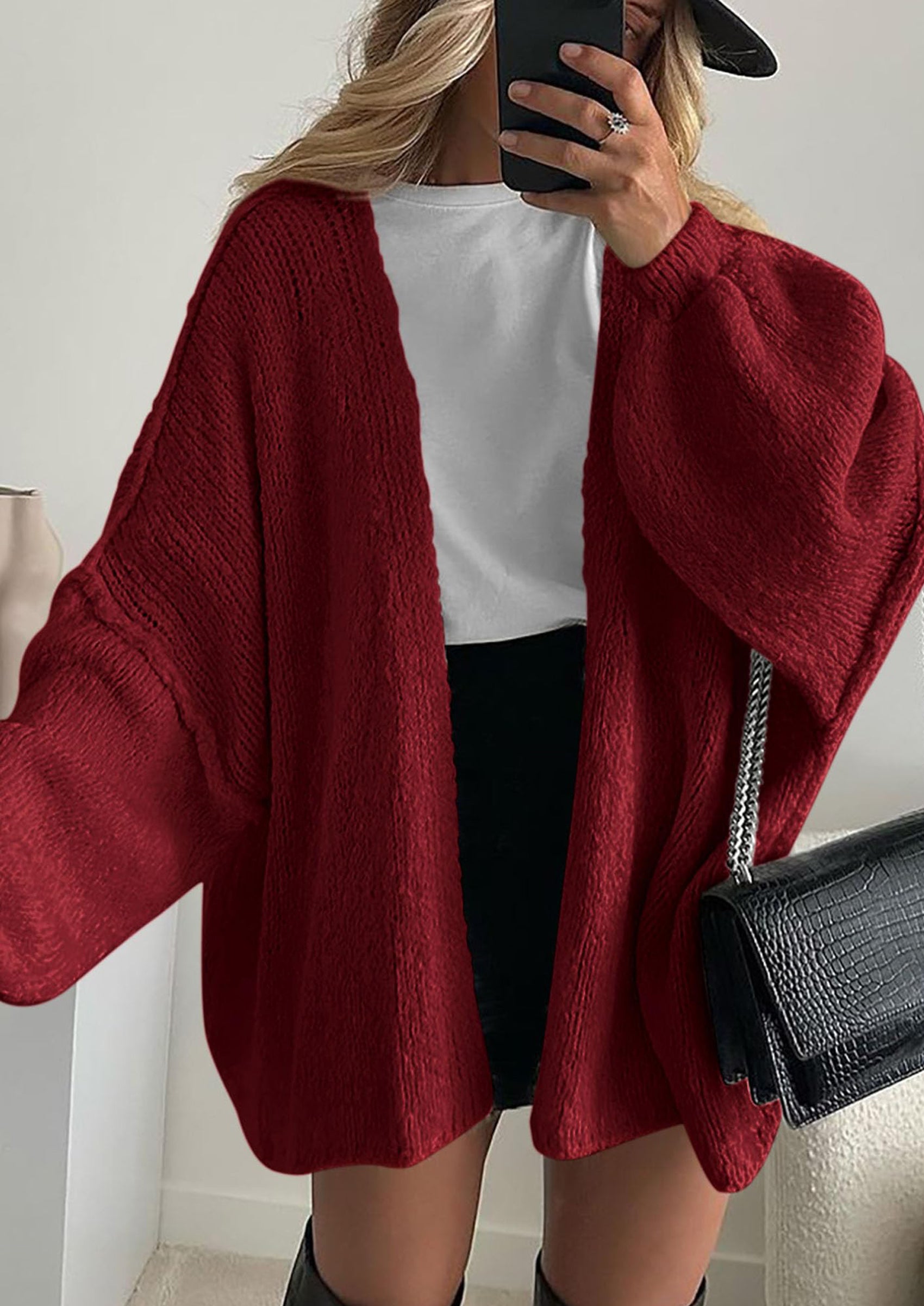 Women's Oversized Open-Front Knit Cardigan – Cozy Lantern Sleeve Sweater