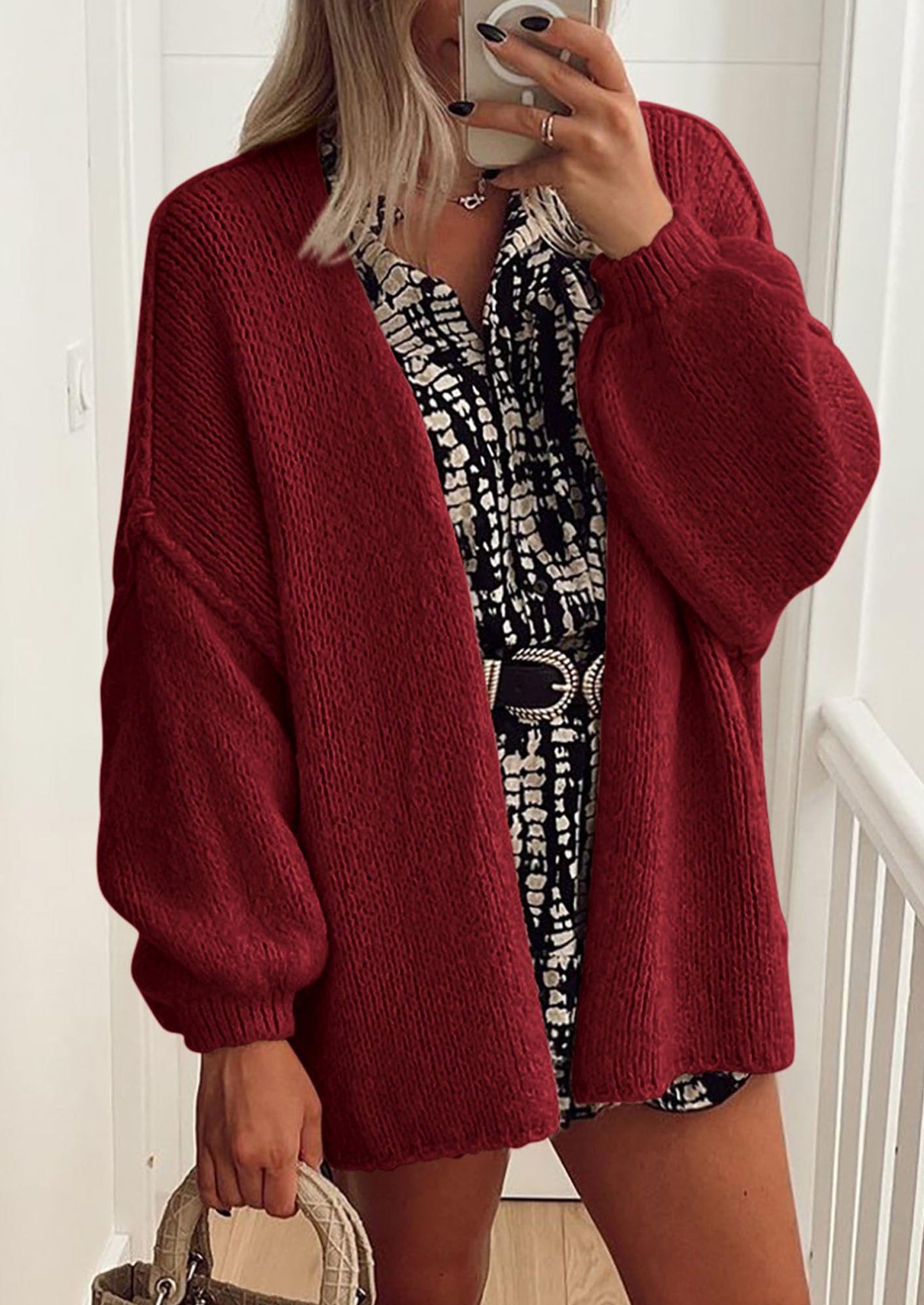 Women's Oversized Open-Front Knit Cardigan – Cozy Lantern Sleeve Sweater