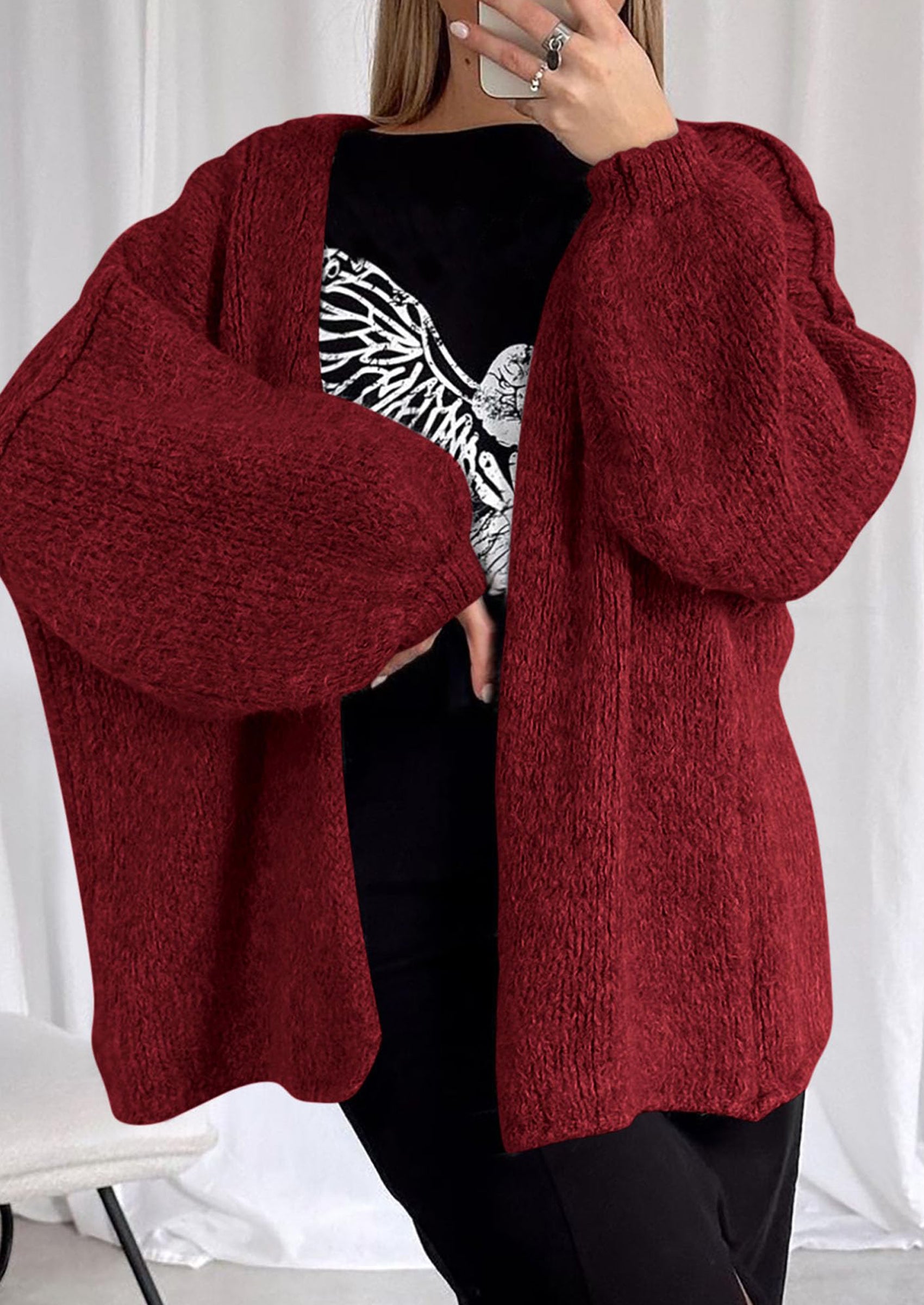 Women's Oversized Open-Front Knit Cardigan – Cozy Lantern Sleeve Sweater