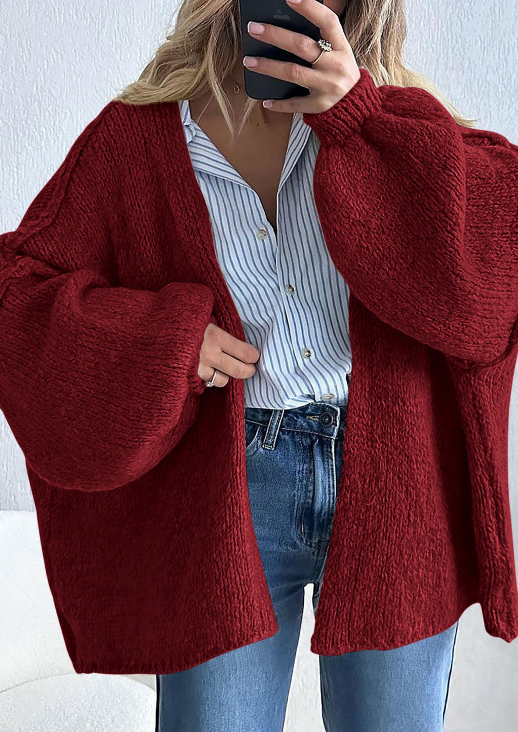 Women's Oversized Open-Front Knit Cardigan – Cozy Lantern Sleeve Sweater