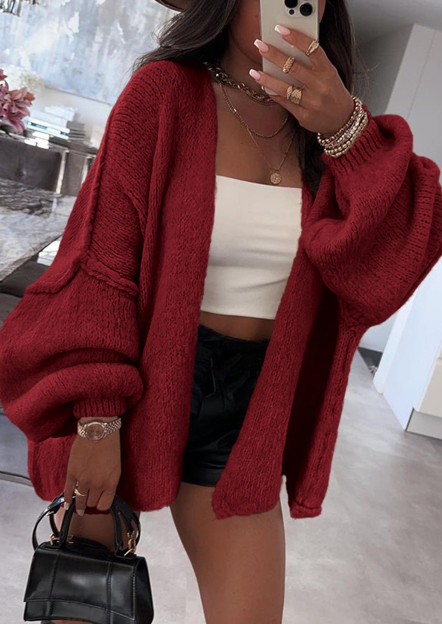 Women's Oversized Open-Front Knit Cardigan – Cozy Lantern Sleeve Sweater