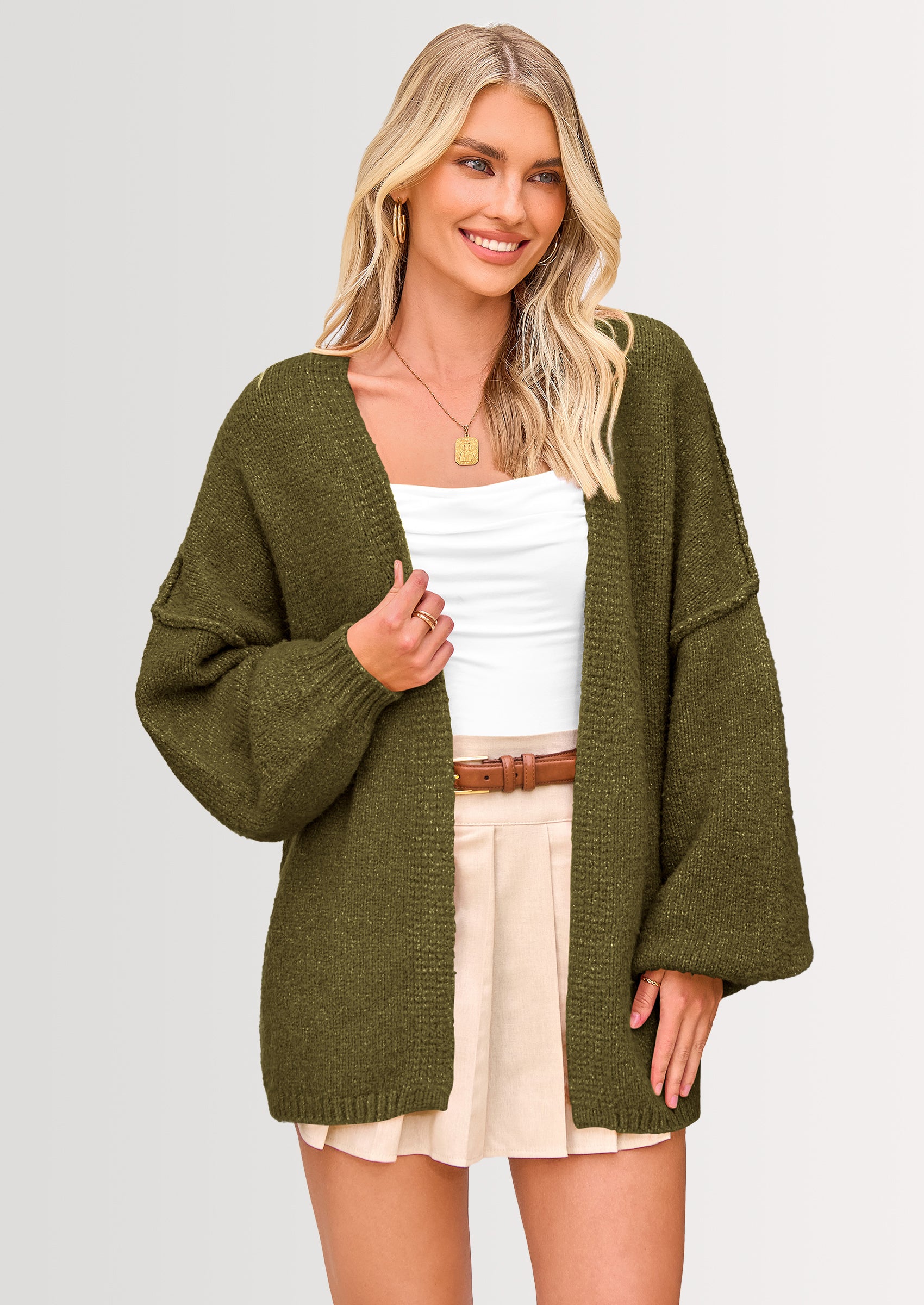 Women's Oversized Open-Front Knit Cardigan – Cozy Lantern Sleeve Sweater