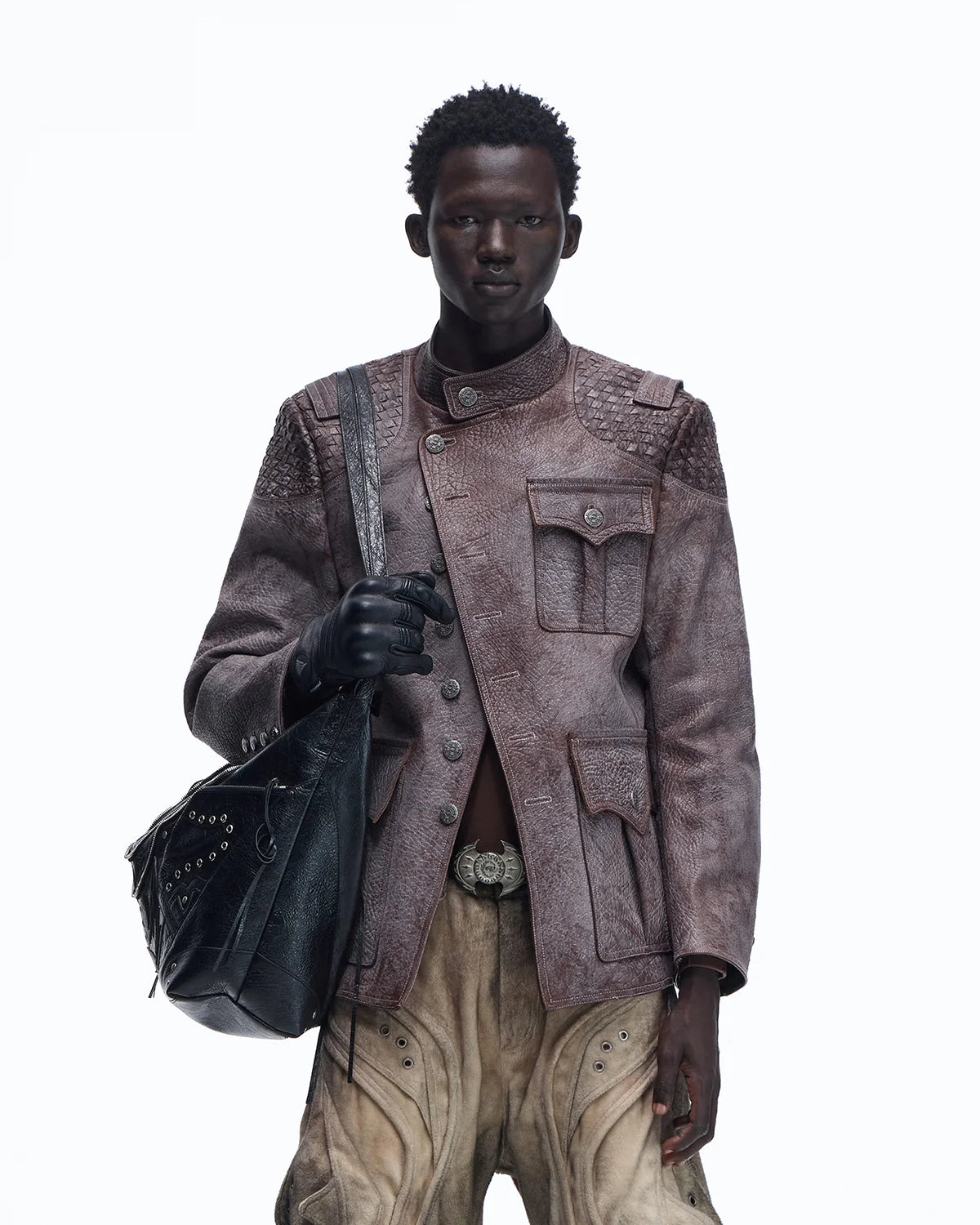 Personsoul Asymmetrical Front Elephant-Embossed Leather Jacket
