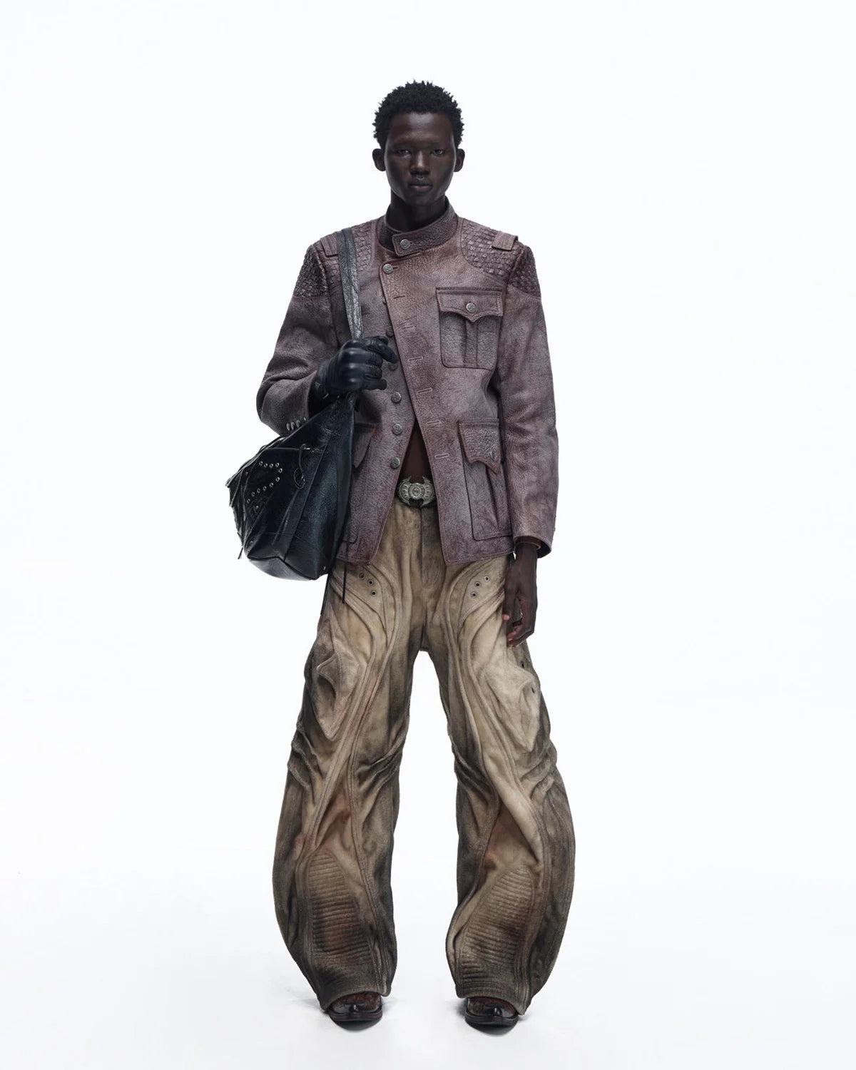 Personsoul Asymmetrical Front Elephant-Embossed Leather Jacket