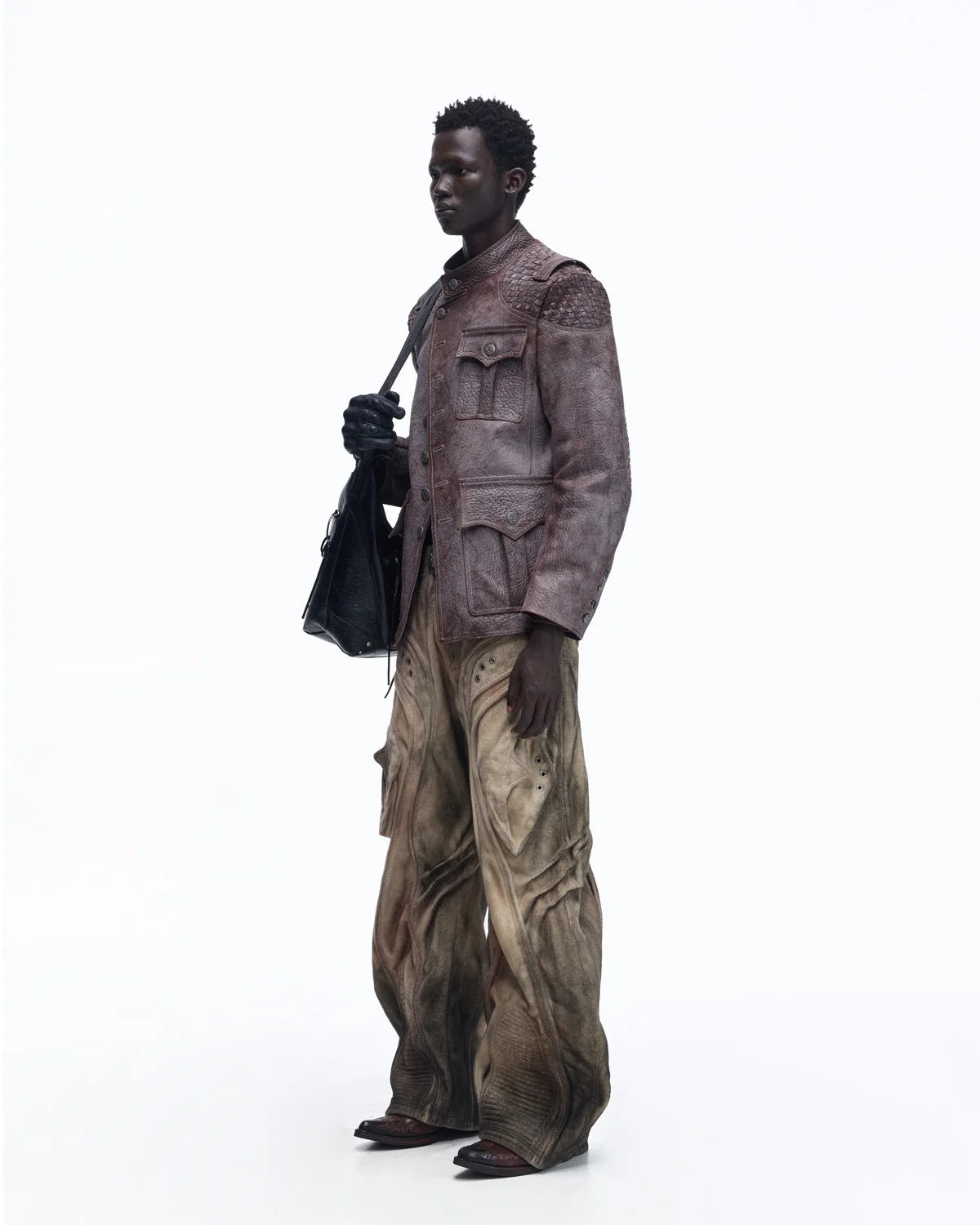 Personsoul Asymmetrical Front Elephant-Embossed Leather Jacket