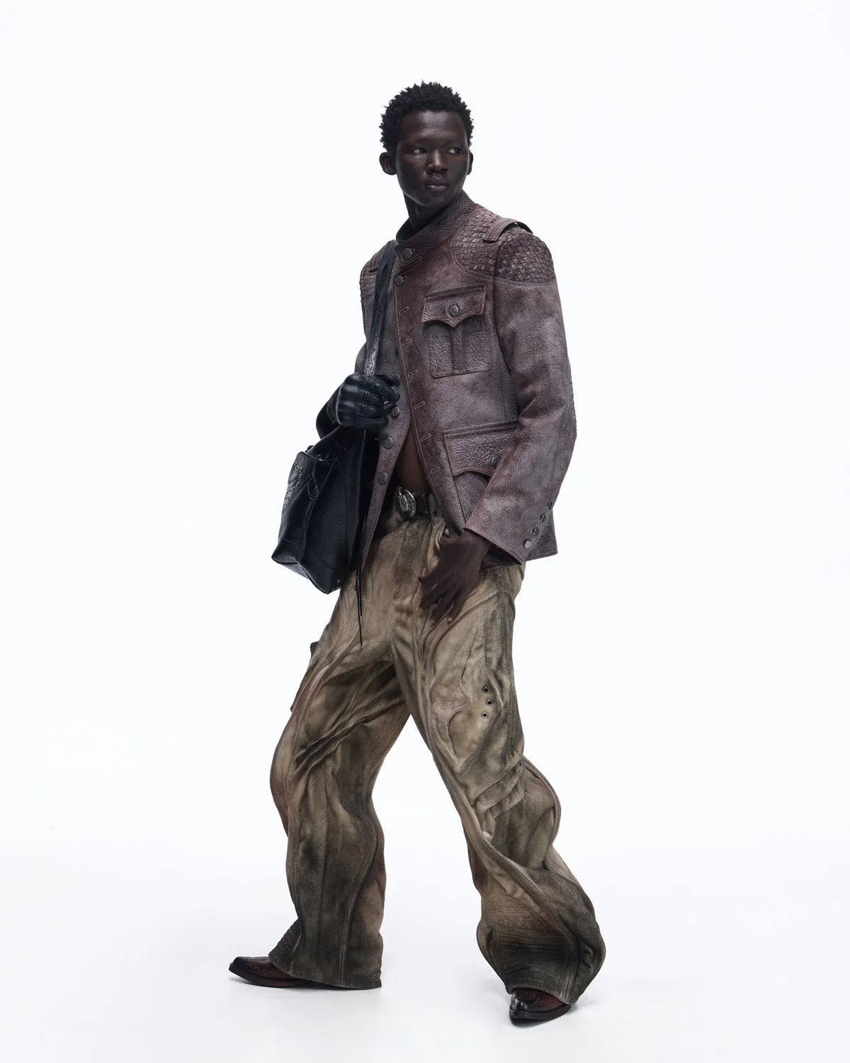 Personsoul Asymmetrical Front Elephant-Embossed Leather Jacket