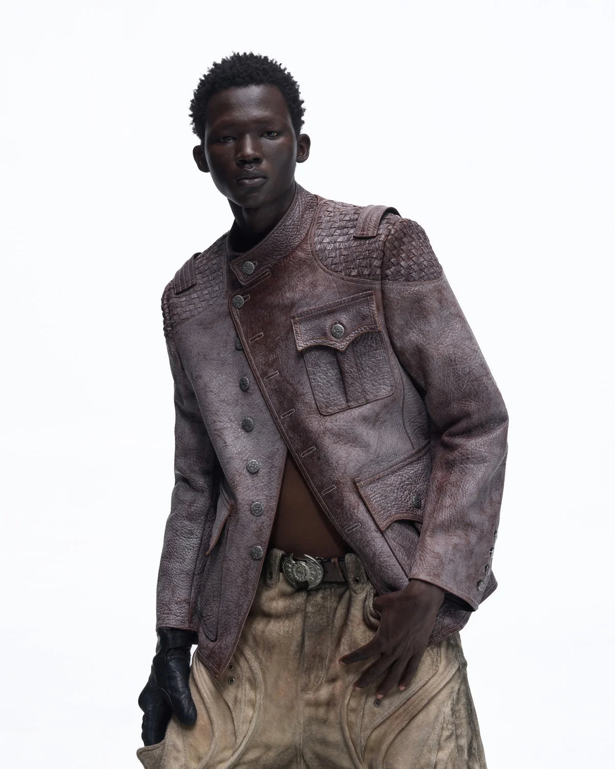 Personsoul Asymmetrical Front Elephant-Embossed Leather Jacket