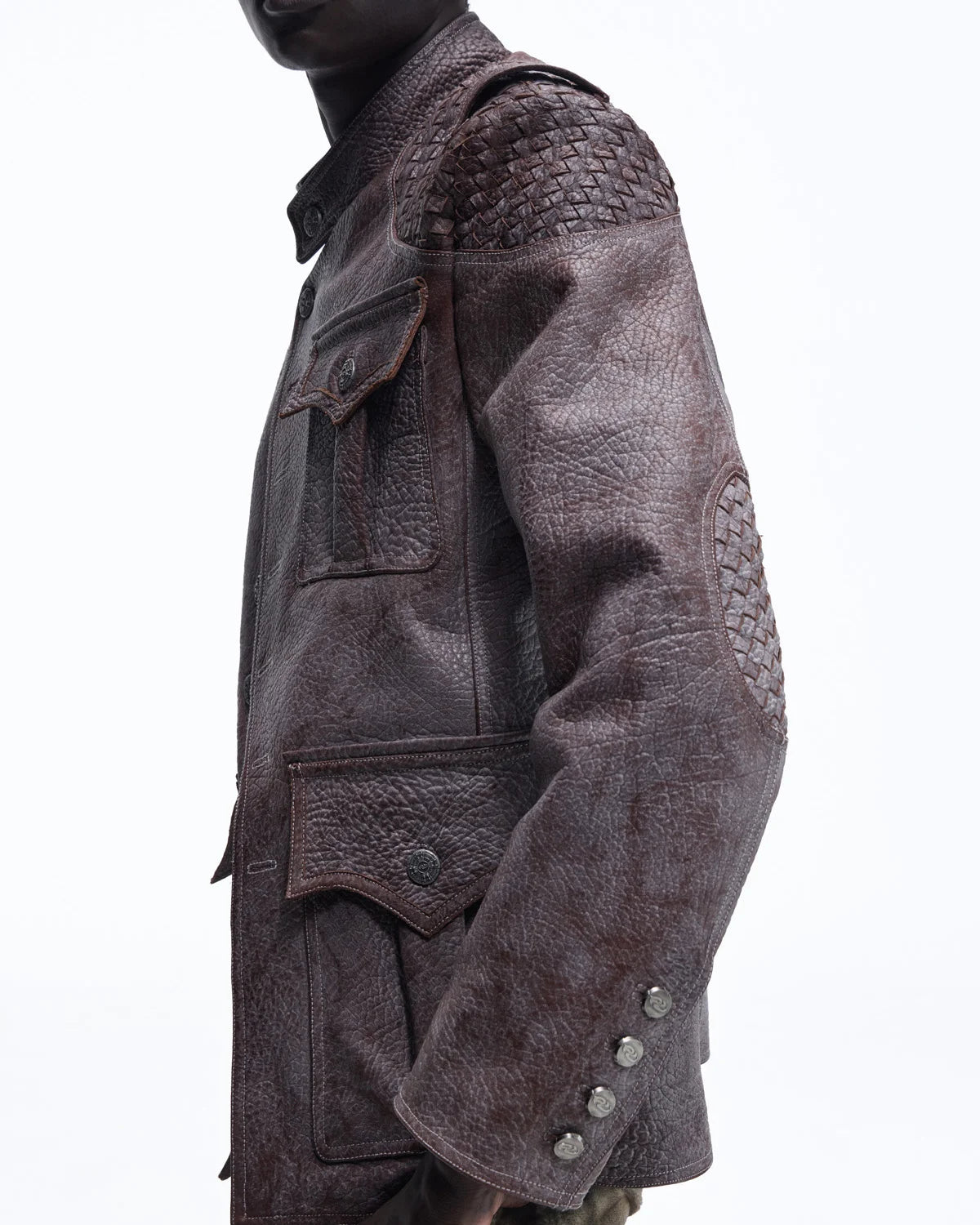 Personsoul Asymmetrical Front Elephant-Embossed Leather Jacket