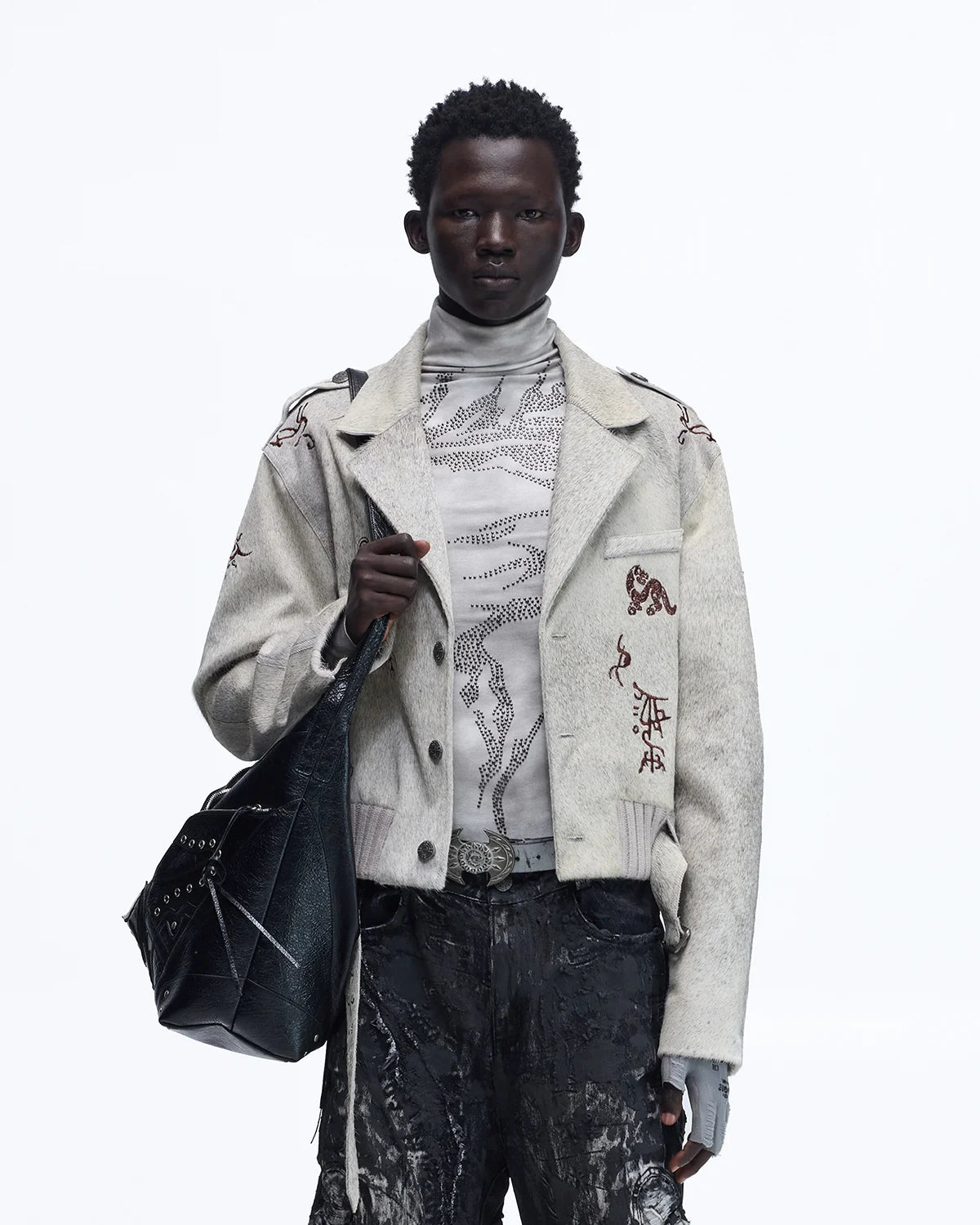 Personsoul Horse-Embroidered Leather Notch Collar Blazer